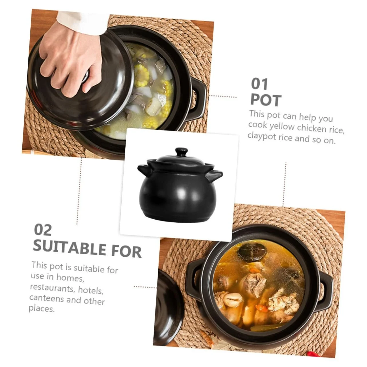 Кастрюля-жаровня TOYANDONA Керамическая Термостойкая с крышкой Нескользящее основание Черный, фото №3