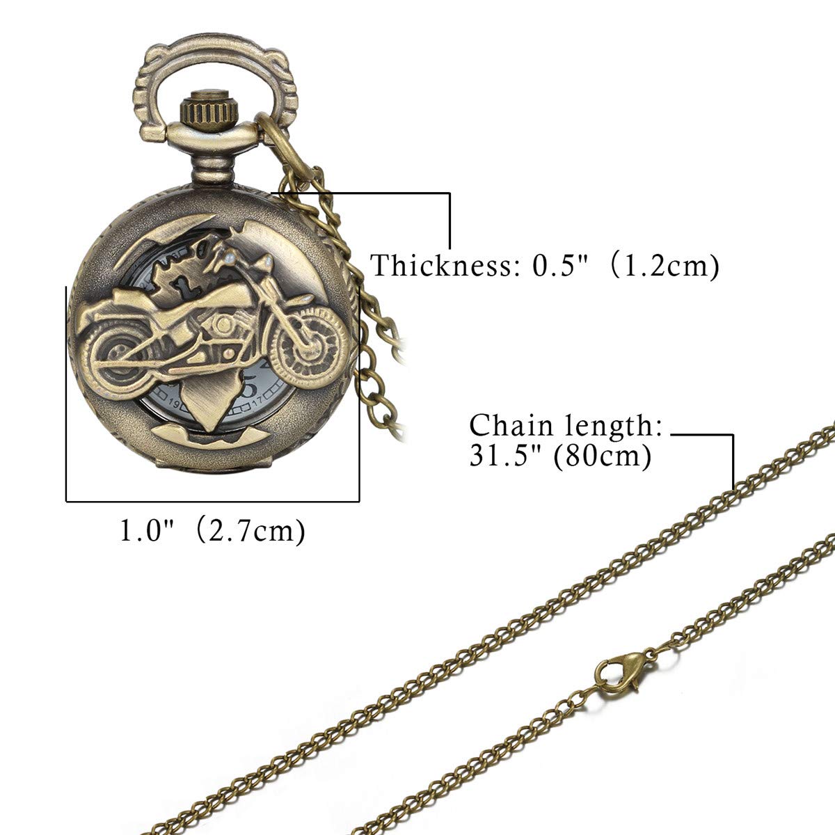 Карманные часы JewelryWe Кварцевый Маленький (Полый) Круглый Ожерелье Мотоцикл Стильный Байкер Алюминий Модные Украшения, фото №6