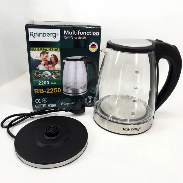 Электрический стеклянный чайник Rainberg RB-2250 с LED подсветкой 2200 Вт 1.8л, хороший электро, фото №4 Электрический стеклянный чайник Rainberg RB-2250 с LED подсветкой 2200 Вт 1.8л, хороший электро, фото №4