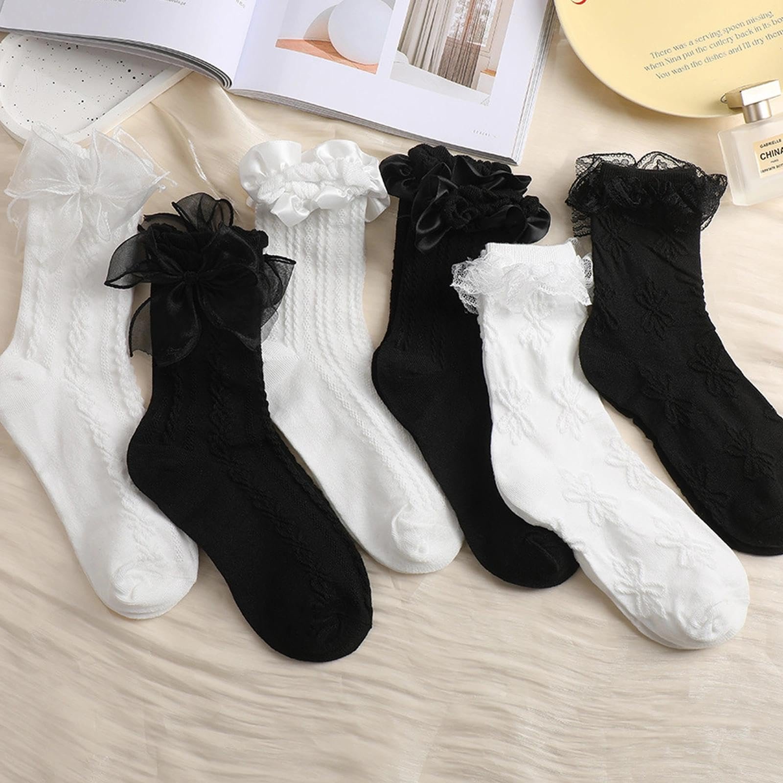 Носки с рюшами Женские - 6 пар - Милые носки до щиколотки с кружевом и бантом из хлопка - Черно-белые дышащие балетные носки принцессы для девочек и женщин, фото №7