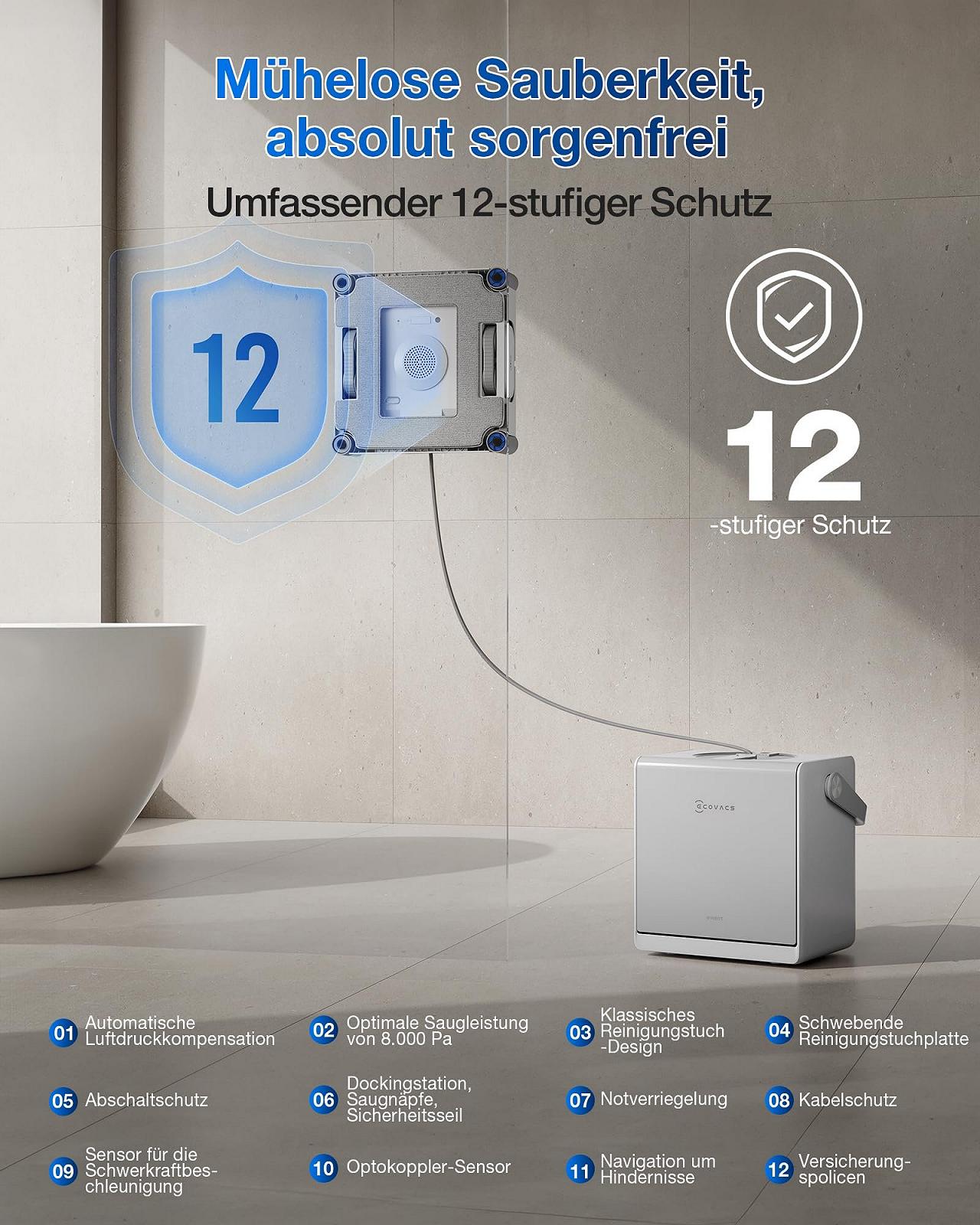 Робот для мытья окон ECOVACS Winbot W2S Omni с многофункциональной станцией, интеллектуальная очистка до краев с TruEdge, зарядка во время работы, три водных форсунки, 12-уровневая защита, фото №8