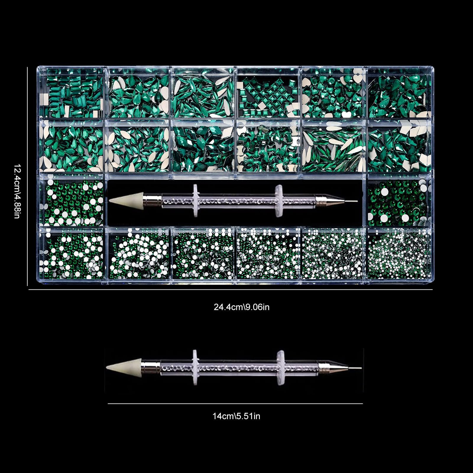 Микс бриллиантов 600 шт + Плоские стразы 2500 шт, 20 стилей, Плоское основание, DIY, Кристаллы для рукоделия, 3D украшения, Набор камней с плоским основанием + Воск-карандаш для подбора страз, Зеленый, фото №2