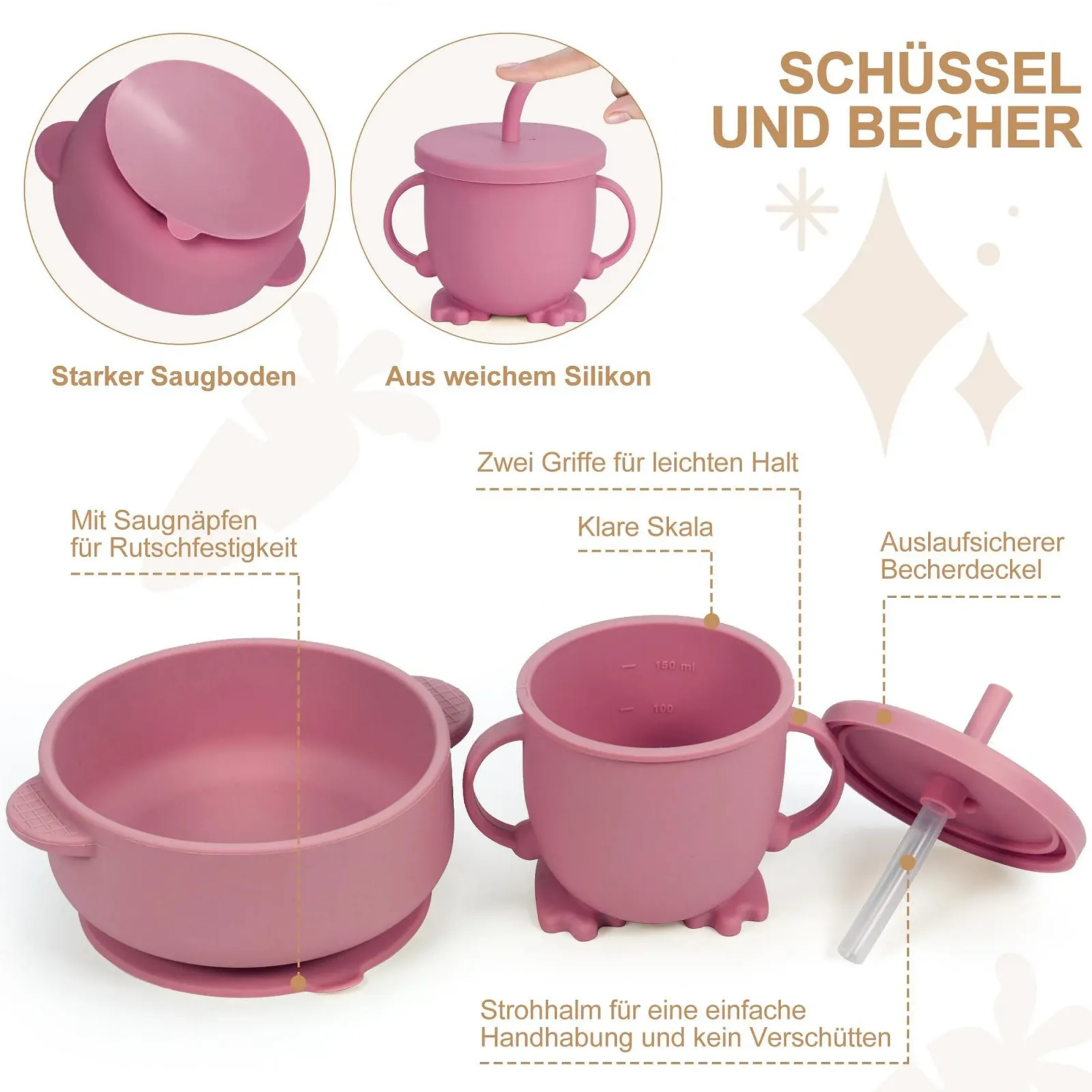 Набір дитячого посуду MOJINL з силікону, нековзний з присоскою, 7 предметів, без BPA з ложкою, виделкою, мискою, слинявчиком, дитячою чашкою, чашкою для пиття та тарілкою, фото №6 Набір дитячого посуду MOJINL з силікону, нековзний з присоскою, 7 предметів, без BPA з ложкою, виделкою, мискою, слинявчиком, дитячою чашкою, чашкою для пиття та тарілкою, фото №6