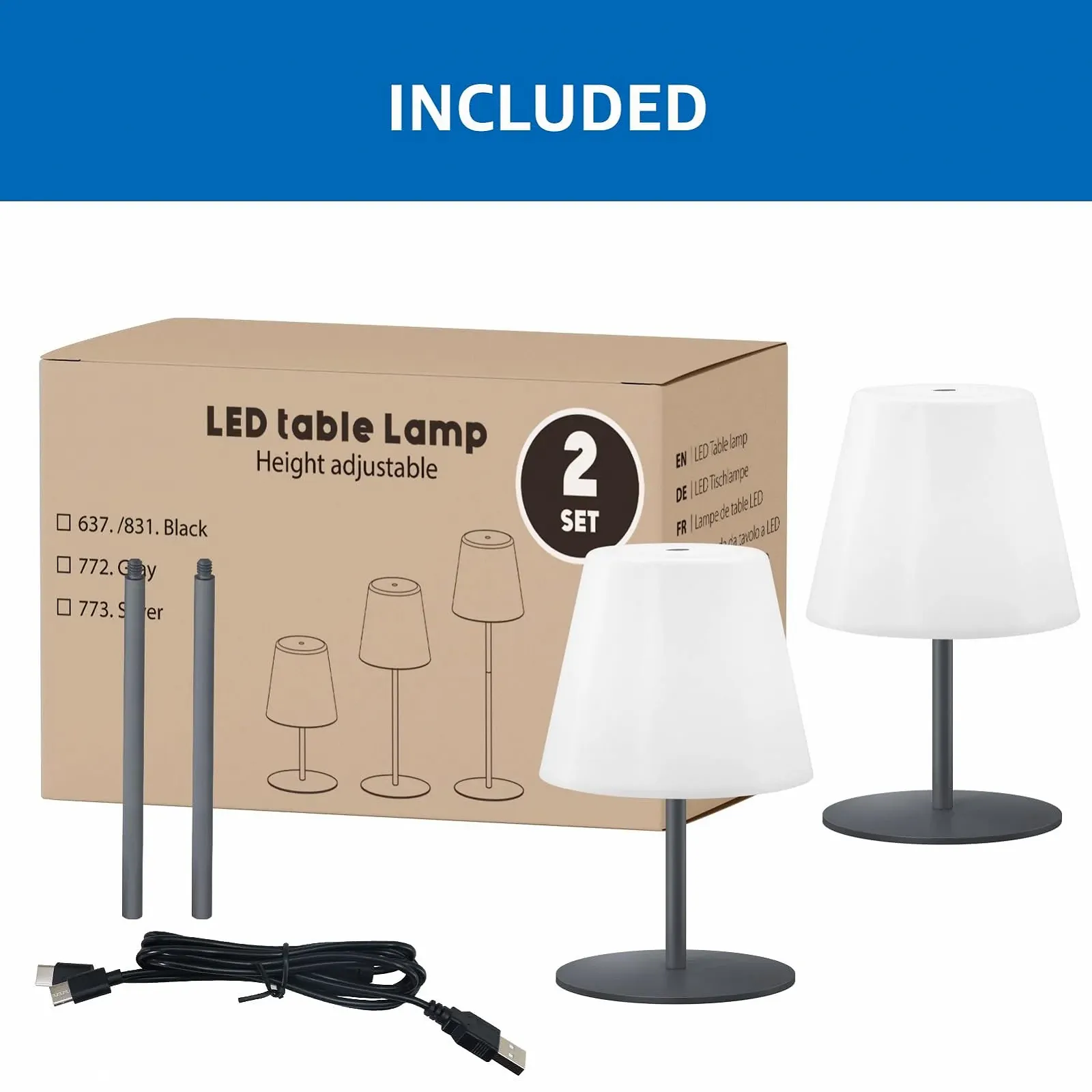 Настільна LED лампа акумуляторна Набір з 2 шт. Touch Dimmable Warm White / RGB USB-C IP44 сіра, фото №7