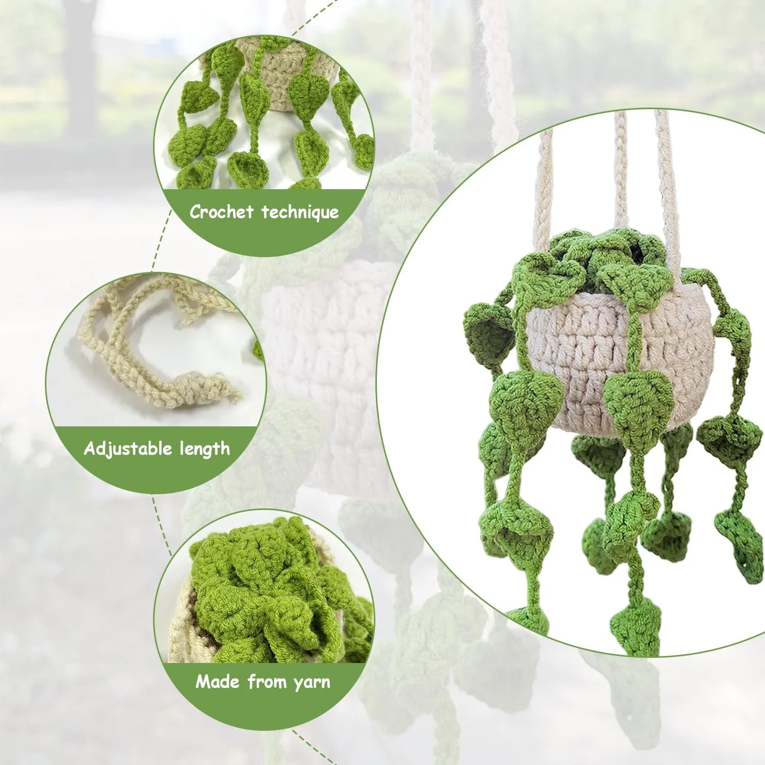 Подвеска для растений корзинка ручная работа крючком 35 см бежево-зеленая, фото №3