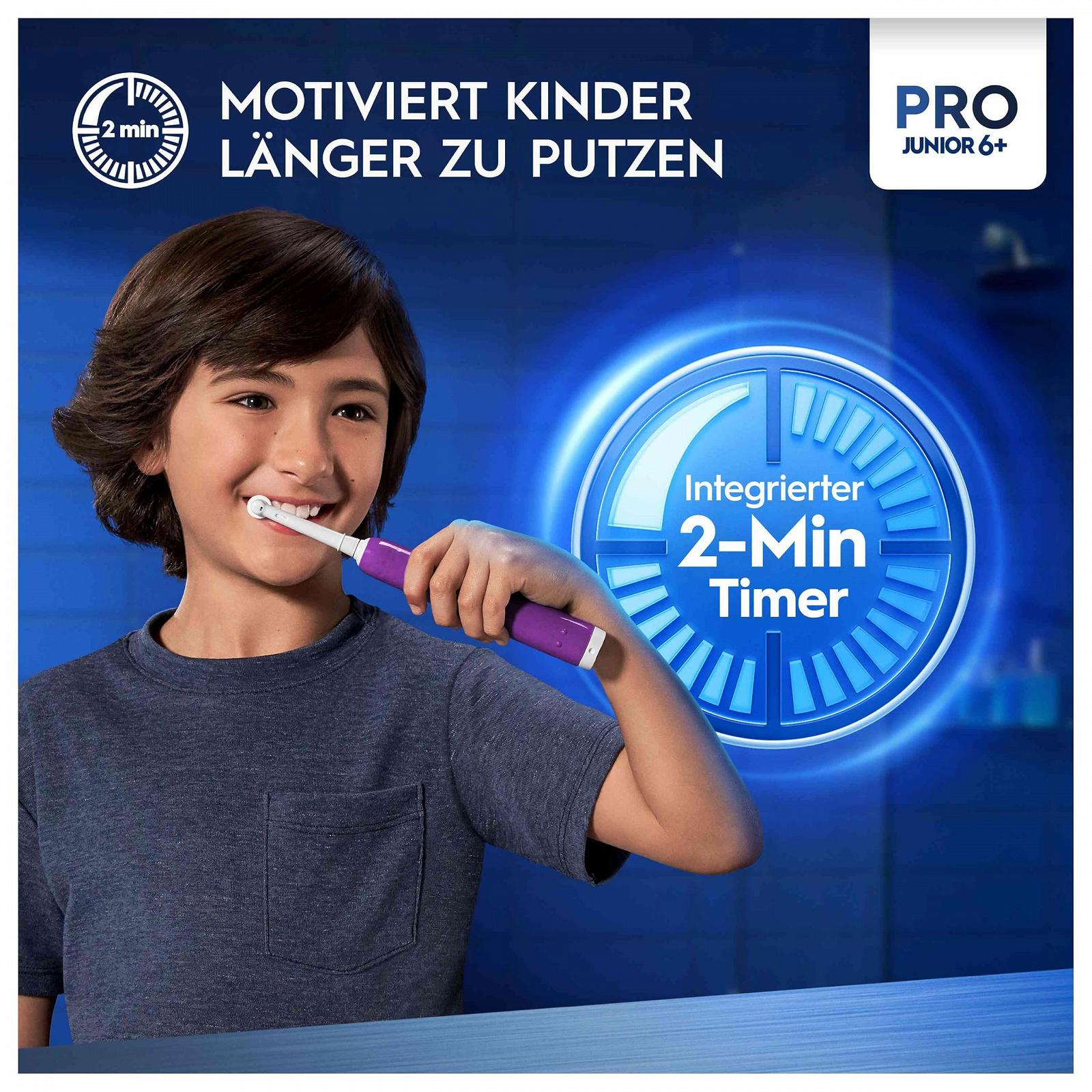 Зубна щітка електрична Oral-B Pro Junior для дітей від 6 років, з датчиком тиску, 3 режими чищення, включаючи делікатний, м'яка щетина та таймер, фіолетова, фото №3