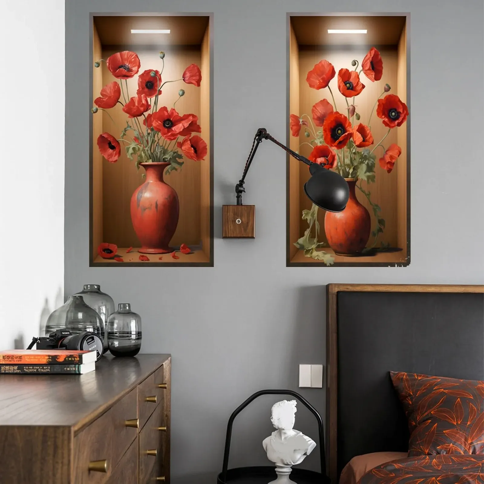 Наклейки на стіну 3D Green Plants 3D Vases Flowers 3D Red Flowers 30 x 60 см Зелені та червоні, фото №5