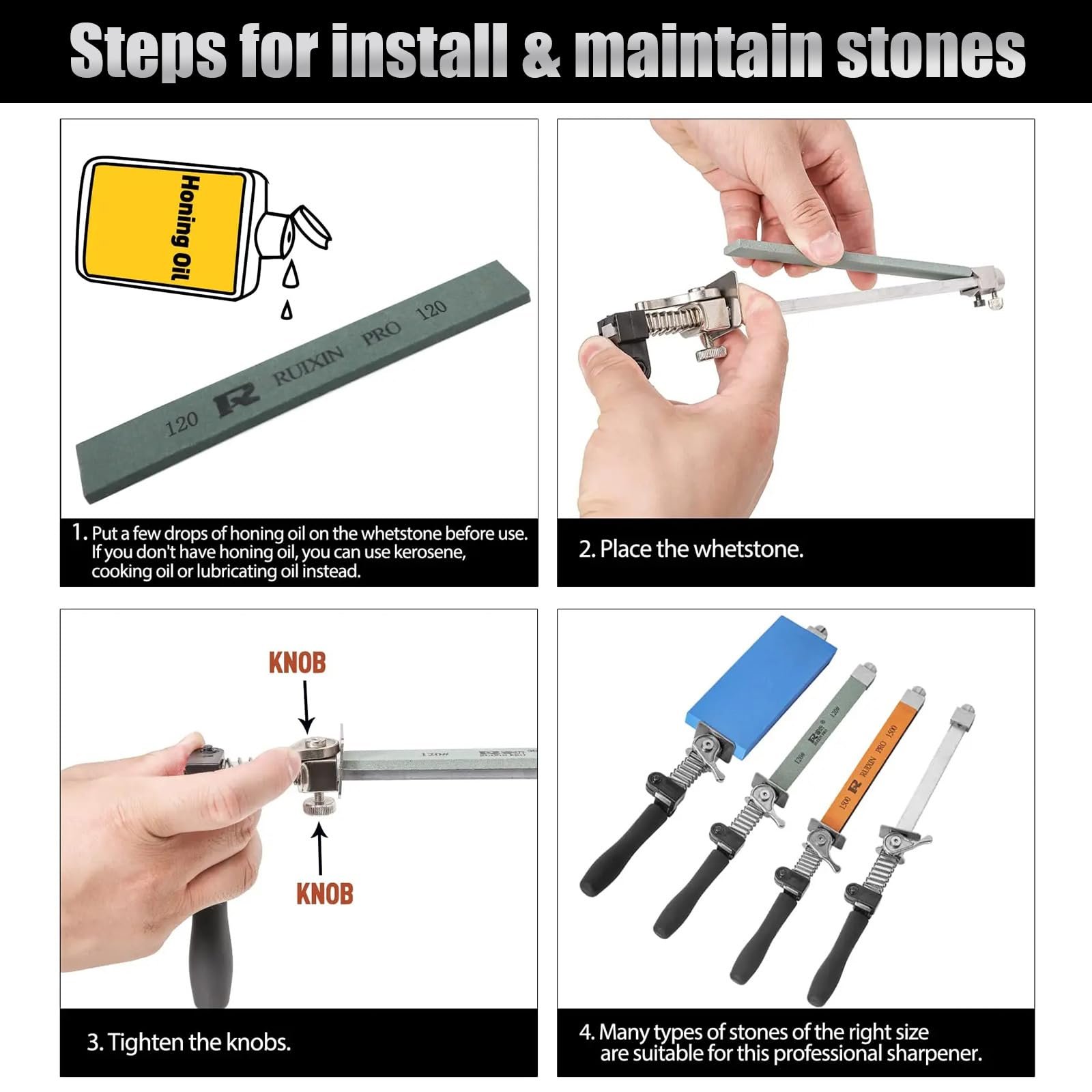 Професійна Точило для ножів RX-009 система заточування нержавіюча сталь поворот на 360° з набором із 4 каменів Silver, фото №4 Професійна Точило для ножів RX-009 система заточування нержавіюча сталь поворот на 360° з набором із 4 каменів Silver, фото №4