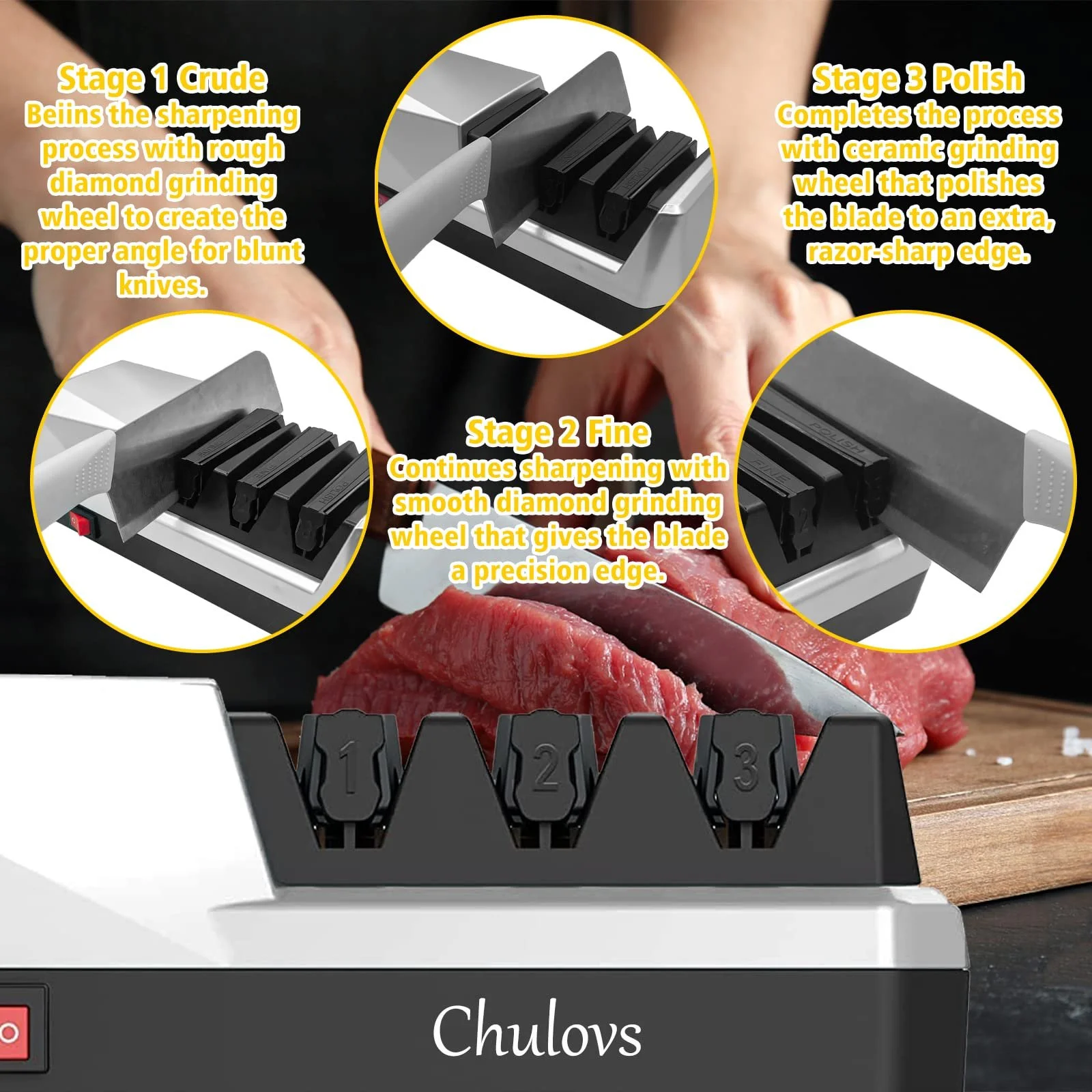 Точилка для ножів Chulovs 3-в-1 електрична алмазна 3-етапна Silver, фото №2