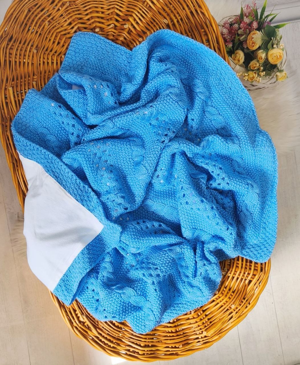 Детский вязаный плед с хлопковой подкладкой, 90 х 90 см, голубой, фото №2