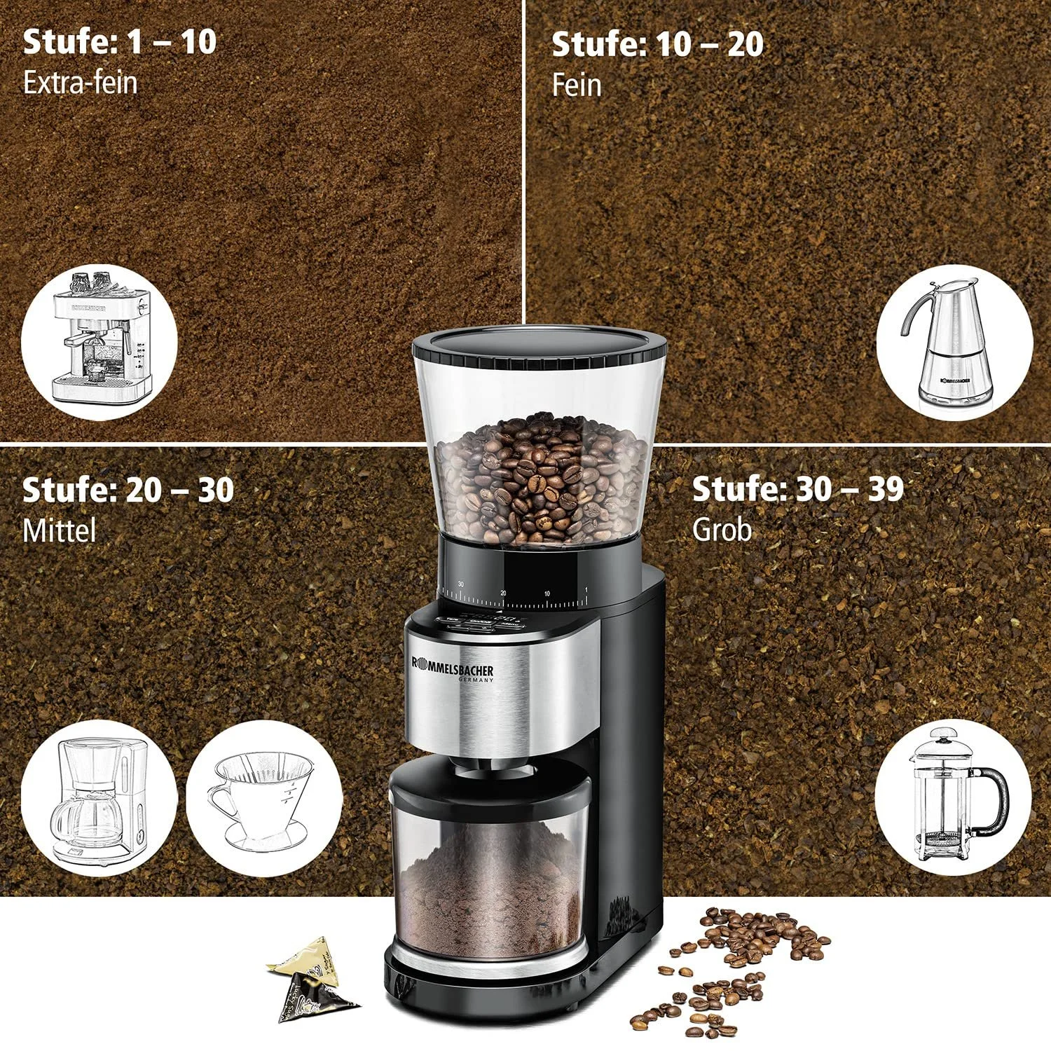 Кофемолка коническая Rommelsbacher EKM 500 с прецизионными весами, держателем для портафильтра, 39 уровнями помола и 5 функциональными клавишами, фото №5 Кофемолка коническая Rommelsbacher EKM 500 с прецизионными весами, держателем для портафильтра, 39 уровнями помола и 5 функциональными клавишами, фото №5