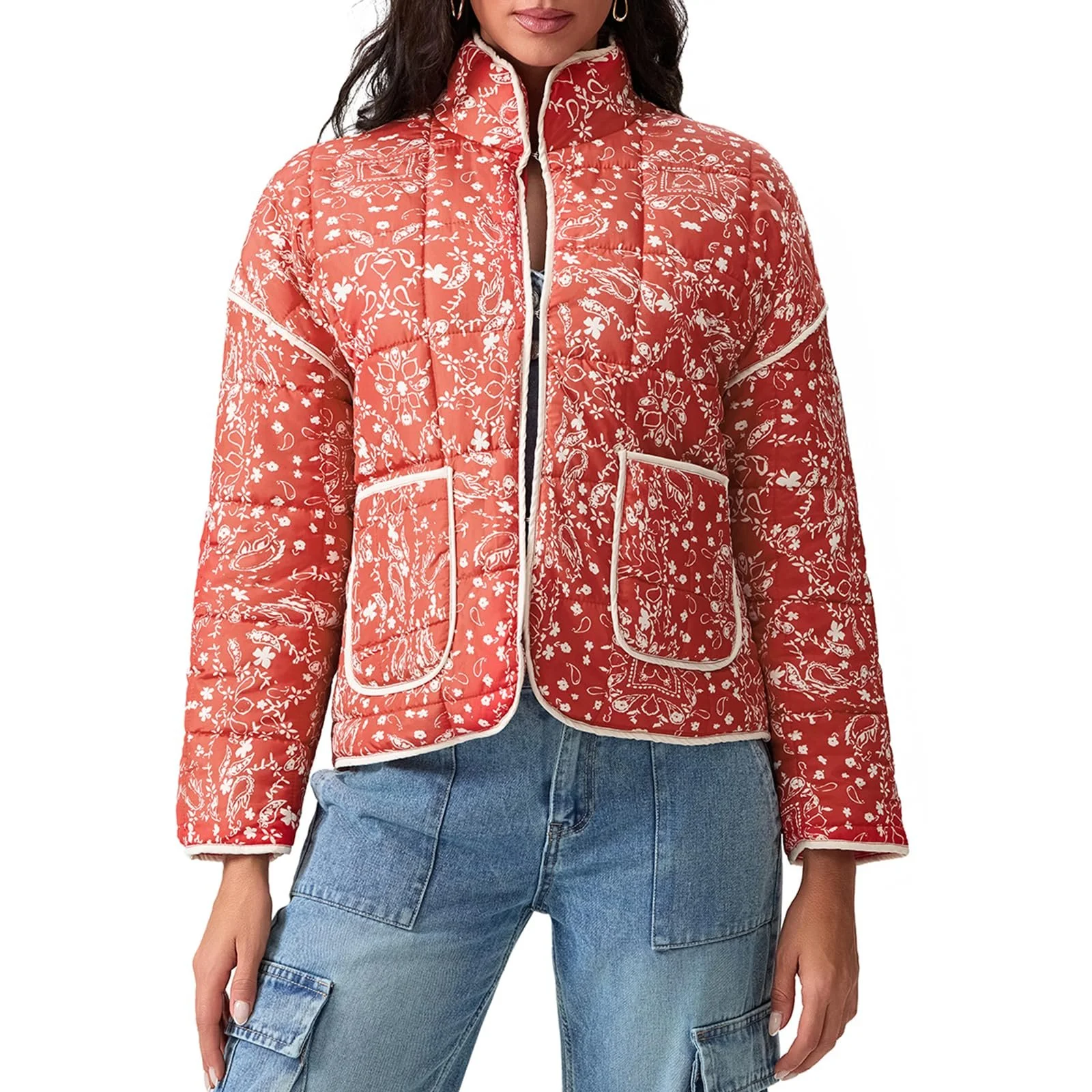 Женская куртка с цветочным принтом, укороченная, легкая, винтажная, этническая, утепленная, осень-зима, с длинными рукавами, фото №1