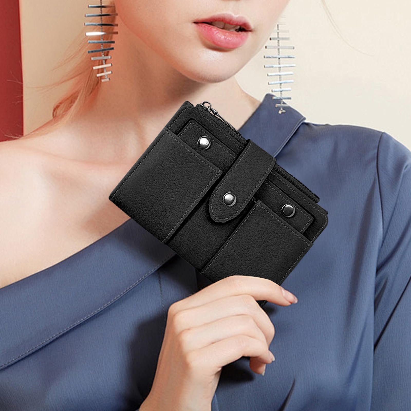 Кошелек AdiStylinno Женский Кожаный PU Bifold Многофункциональный с карманом на молнии для монет, компактный кошелек для кредитных карт с отделениями для карт и окошком для ID, черный, Modern, фото №4