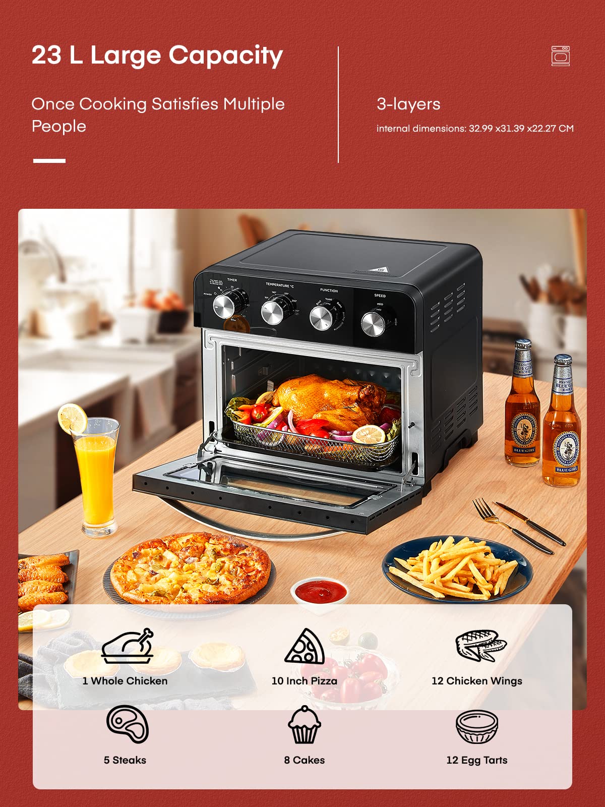 Фритюрница FOHERE XXL 23 л 1700 W с горячим воздухом 6 программ для приготовления пиццы, картофеля фри, запечённой или жареной курицы черный, фото №5