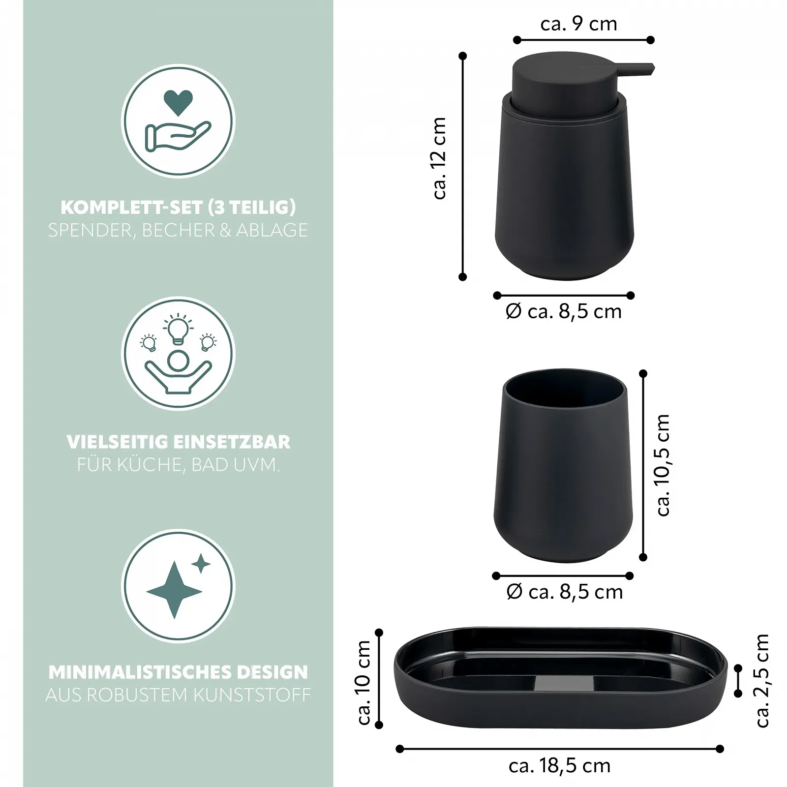 Набор для ванной комнаты eluno Tesero, 3 предмета дозатор мыла, стакан и мыльница, пластик, черный, фото №7