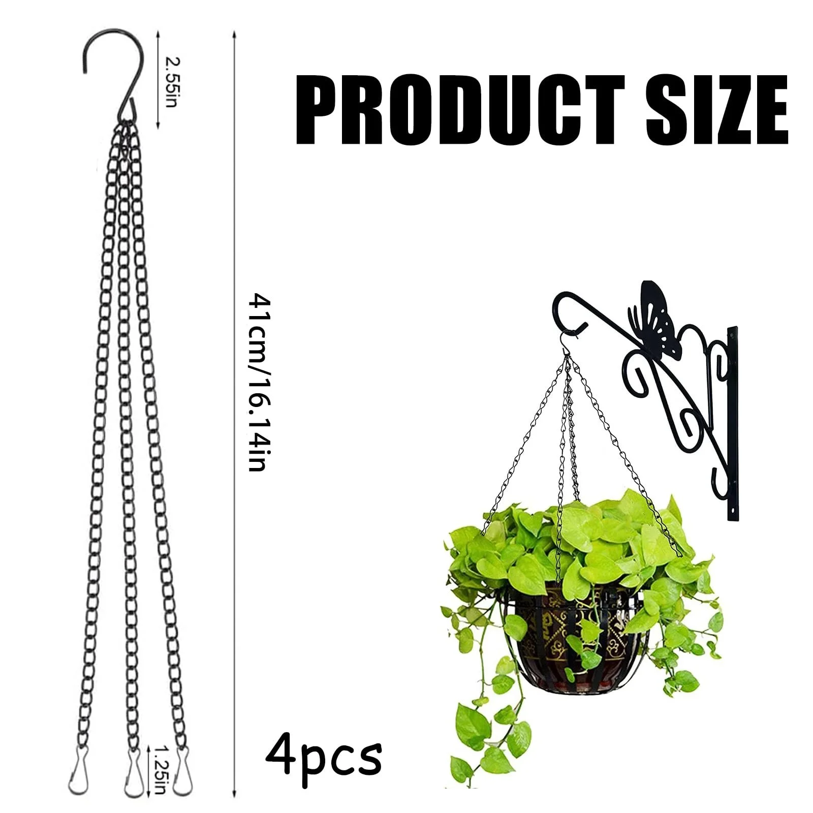 Ланцюги для підвісних кошиків YNR 4 шт. Металеві з S-подібними гачками Чорні, фото №4