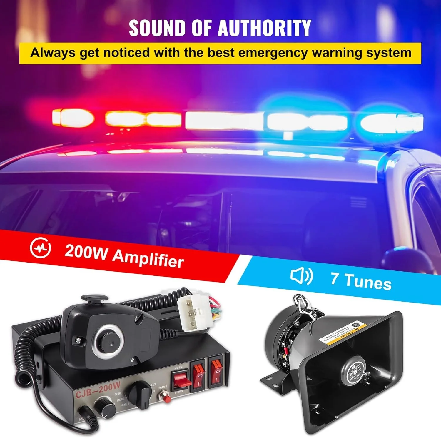 Комплект предупредительной сигнализации VEVOR / 7 тонов / 125дБ / 200 Вт / Черный, фото №2 Комплект предупредительной сигнализации VEVOR / 7 тонов / 125дБ / 200 Вт / Черный, фото №2