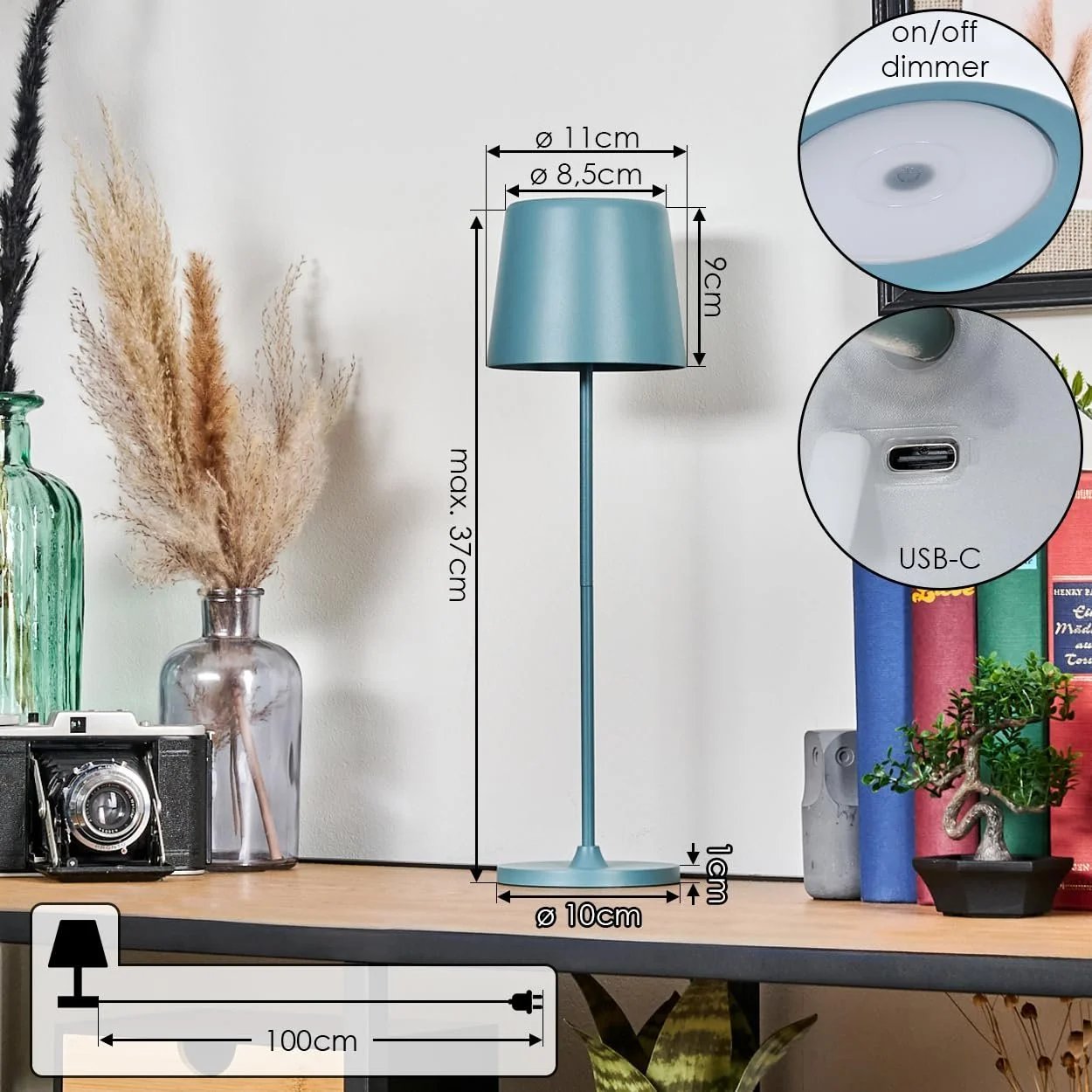 Настільна лампа HOFSTEIN Belece LED набір з 2 шт димована металева/пластикова 37 см USB-C акумуляторна IP44 синя/біла, фото №5