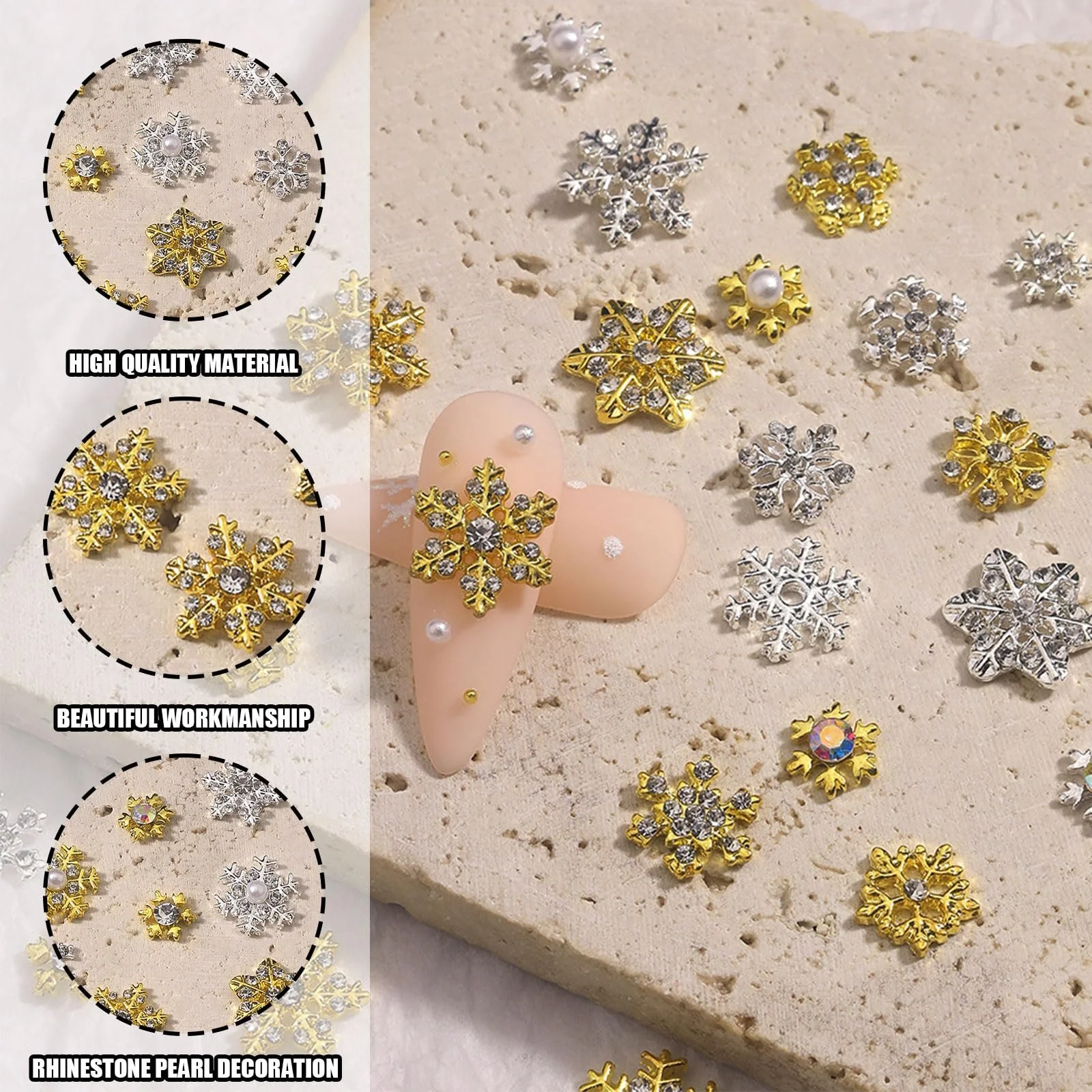 Прикрасы для ногтей Снежинки Рождественские, 60 шт., бисер Стразы Снежинки, Металл Золото Серебро Украшения для ногтей Аксессуары для маникюра для женщин и девушек, фото №4