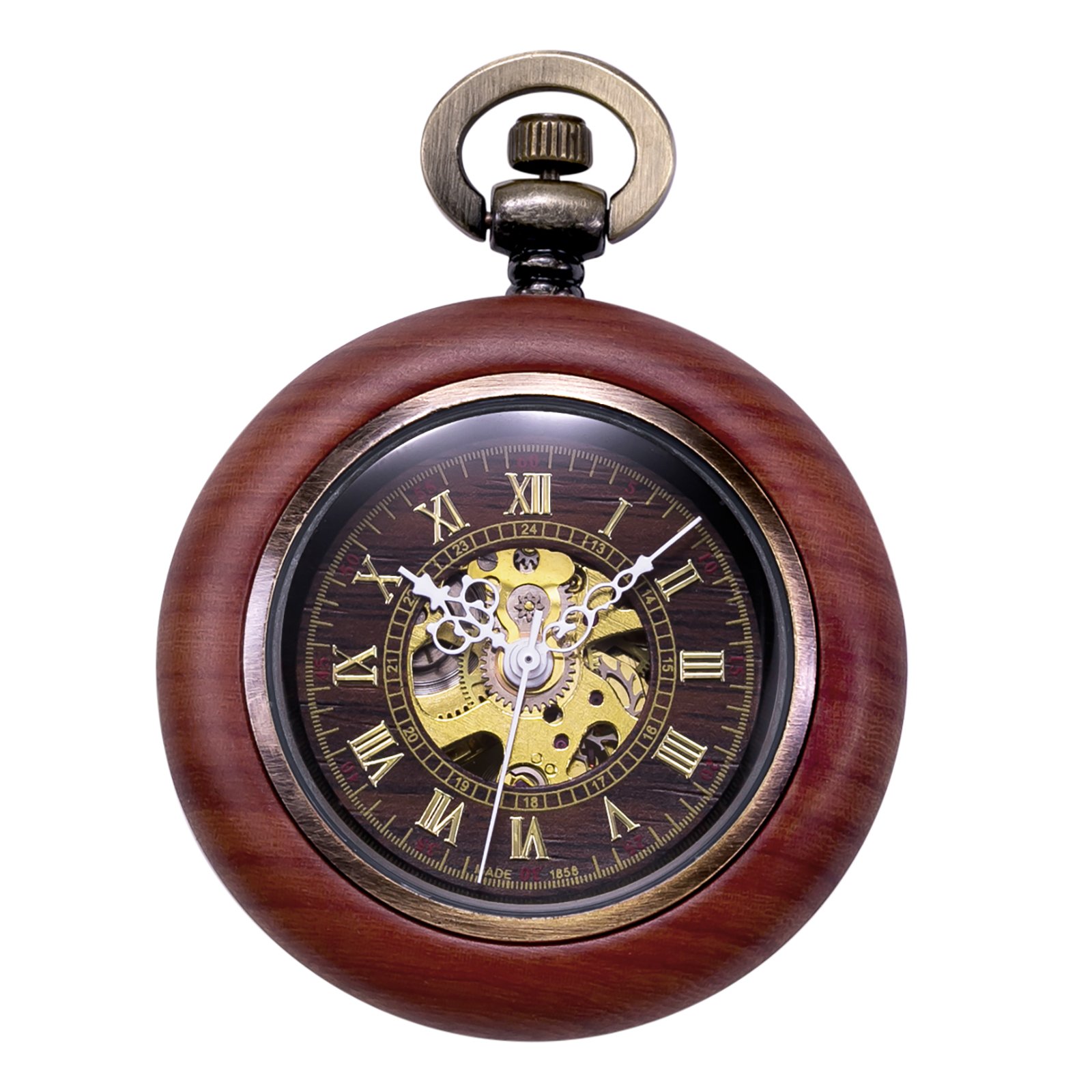 Карманные часы TREEWETO Vintage Wooden Automatic Mechanical Skeleton Dial С цепочкой + подарочная коробка, фото №2