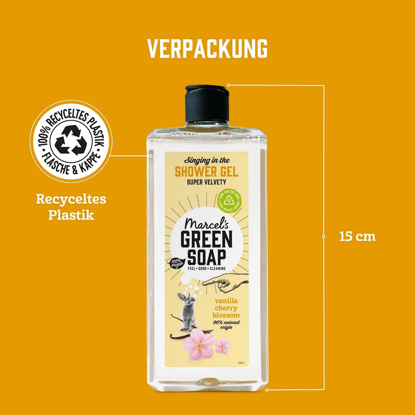 Гель для душа Marcel's Green Soap Vanilla & Cherry Blossom без микропластика в бутылке из переработанного пластика 98% биоразлагаемый веганский, фото №6