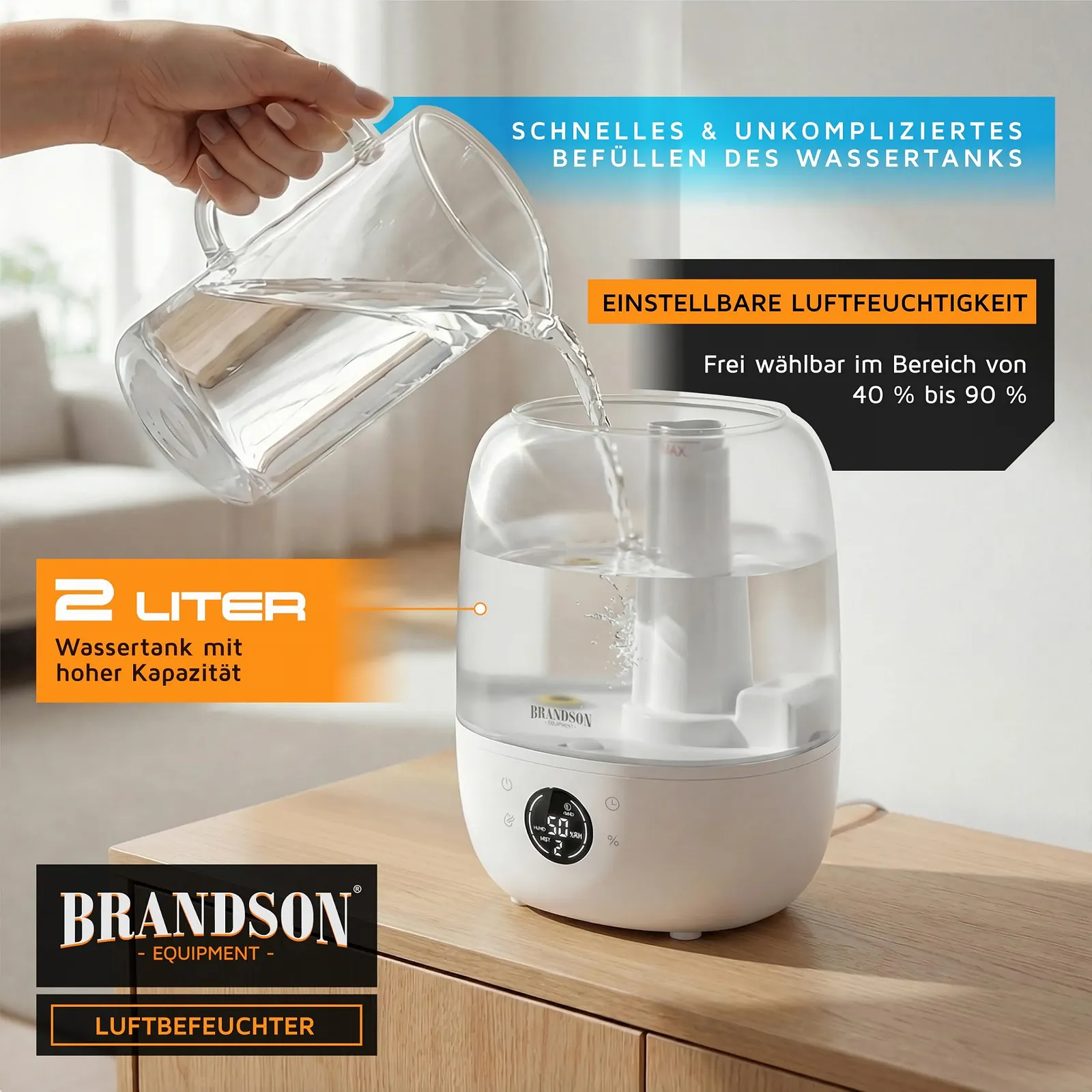 Цифровий зволожувач повітря Brandson 2000 мл з пультом ДК Білий прозорий, фото №3 Цифровий зволожувач повітря Brandson 2000 мл з пультом ДК Білий прозорий, фото №3