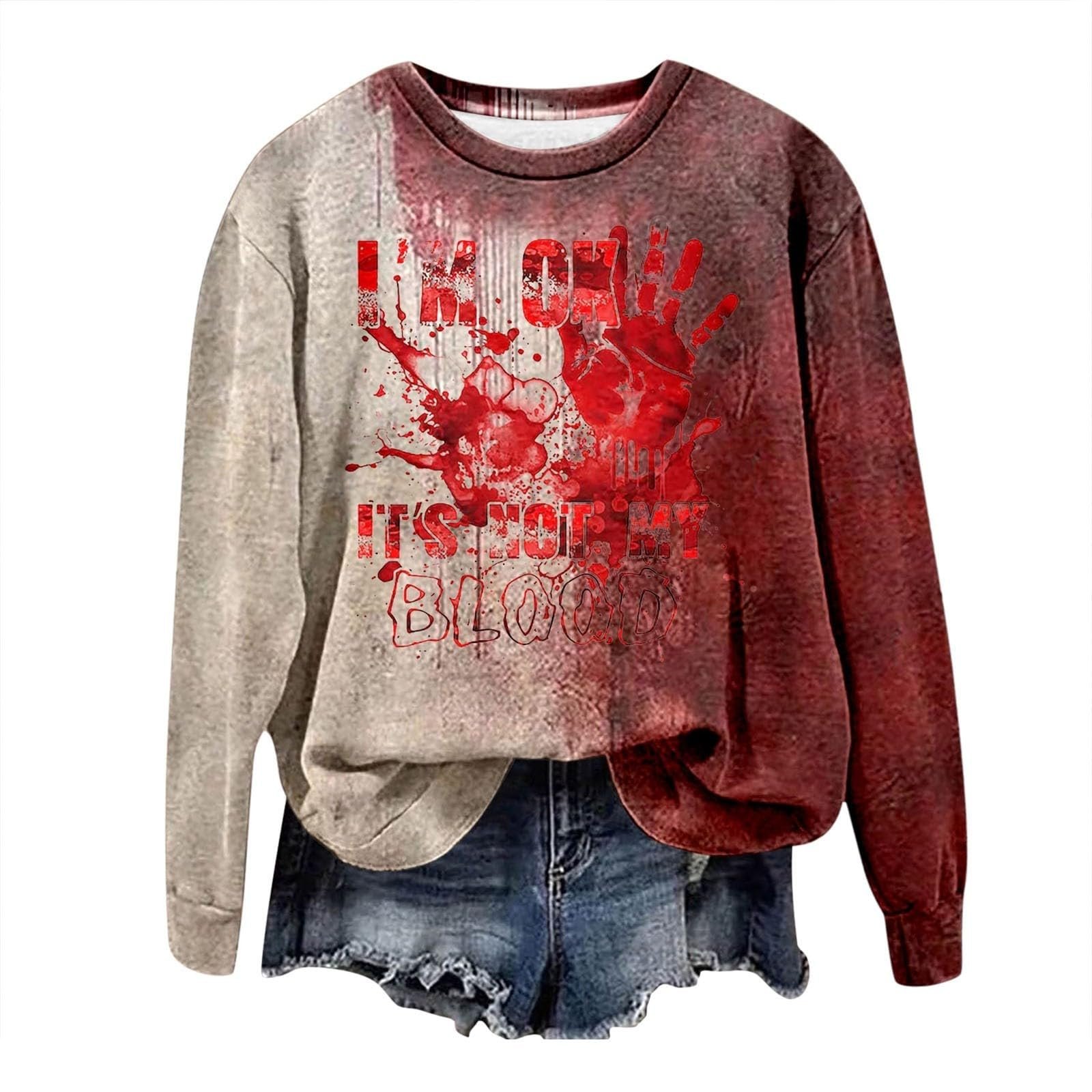 Хэллоуин Свитшот I'm Fine Пуловер с кровавым принтом, Рубашка на Хэллоуин с длинным рукавом и круглым вырезом, Свободный свитер с принтом "Problem Gelöst I'm Fine" для женщин, фото №1 Хэллоуин Свитшот I'm Fine Пуловер с кровавым принтом, Рубашка на Хэллоуин с длинным рукавом и круглым вырезом, Свободный свитер с принтом "Problem Gelöst I'm Fine" для женщин, фото №1