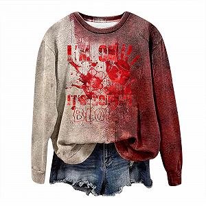 Хэллоуин Свитшот I'm Fine Пуловер с кровавым принтом, Рубашка на Хэллоуин с длинным рукавом и круглым вырезом, Свободный свитер с принтом "Problem Gelöst I'm Fine" для женщин - Фото 1