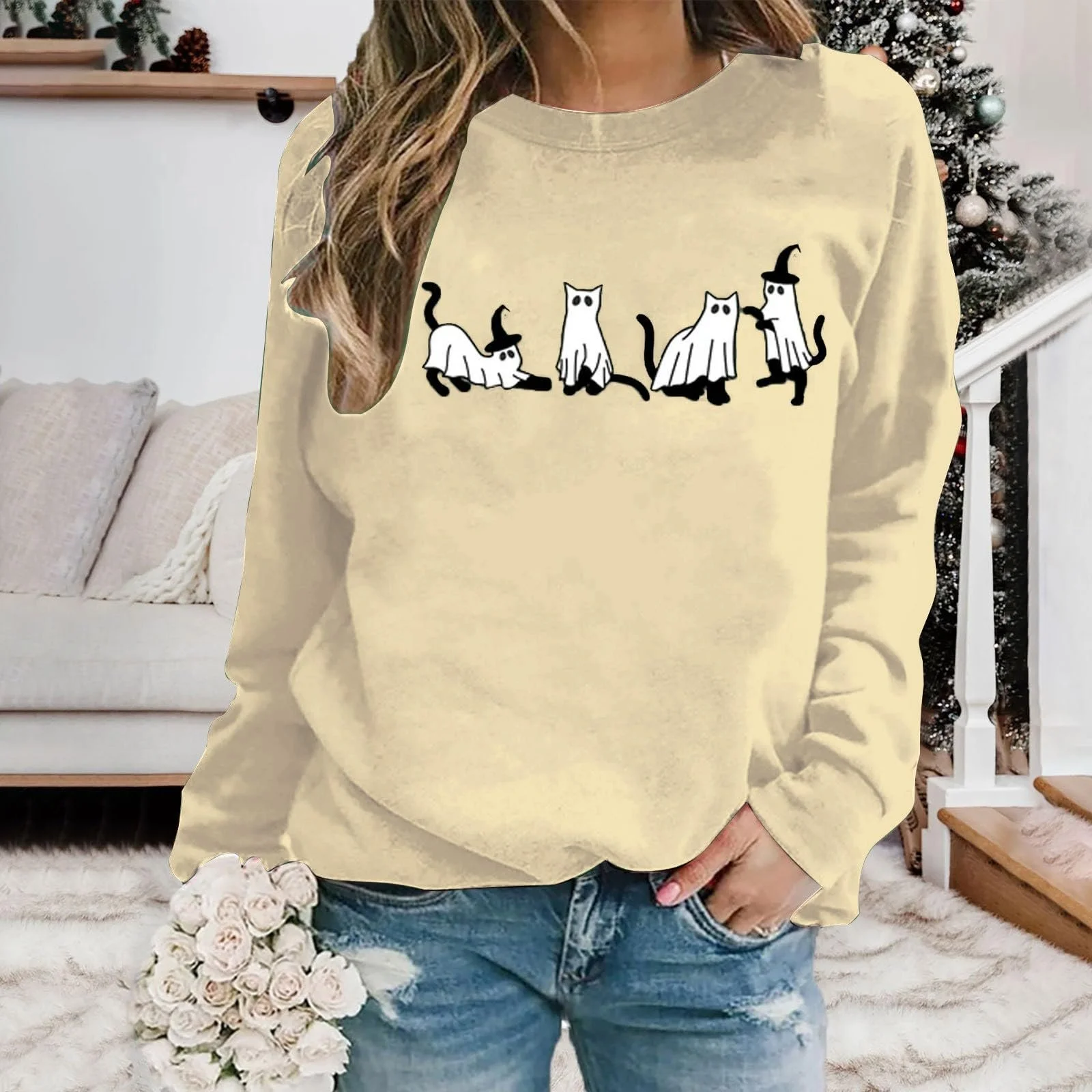 Свободный Женский Свитшот Lässiges Katzen-Sweatshirt, фото №3