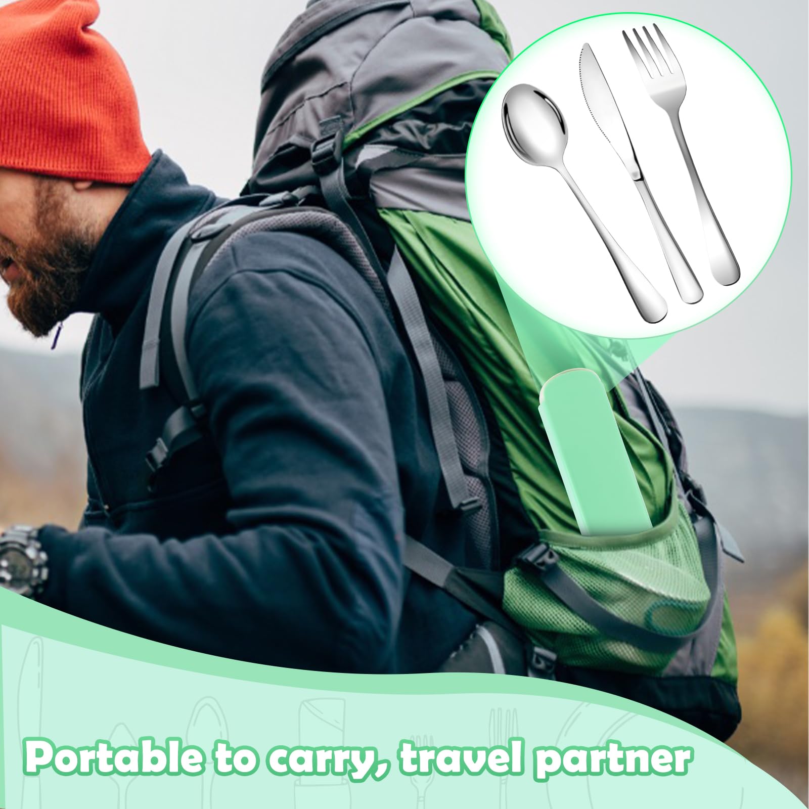 Набір столових приладів NVIYAM Camping Cutlery Set 3 шт нержавіюча сталь зелений, фото №6