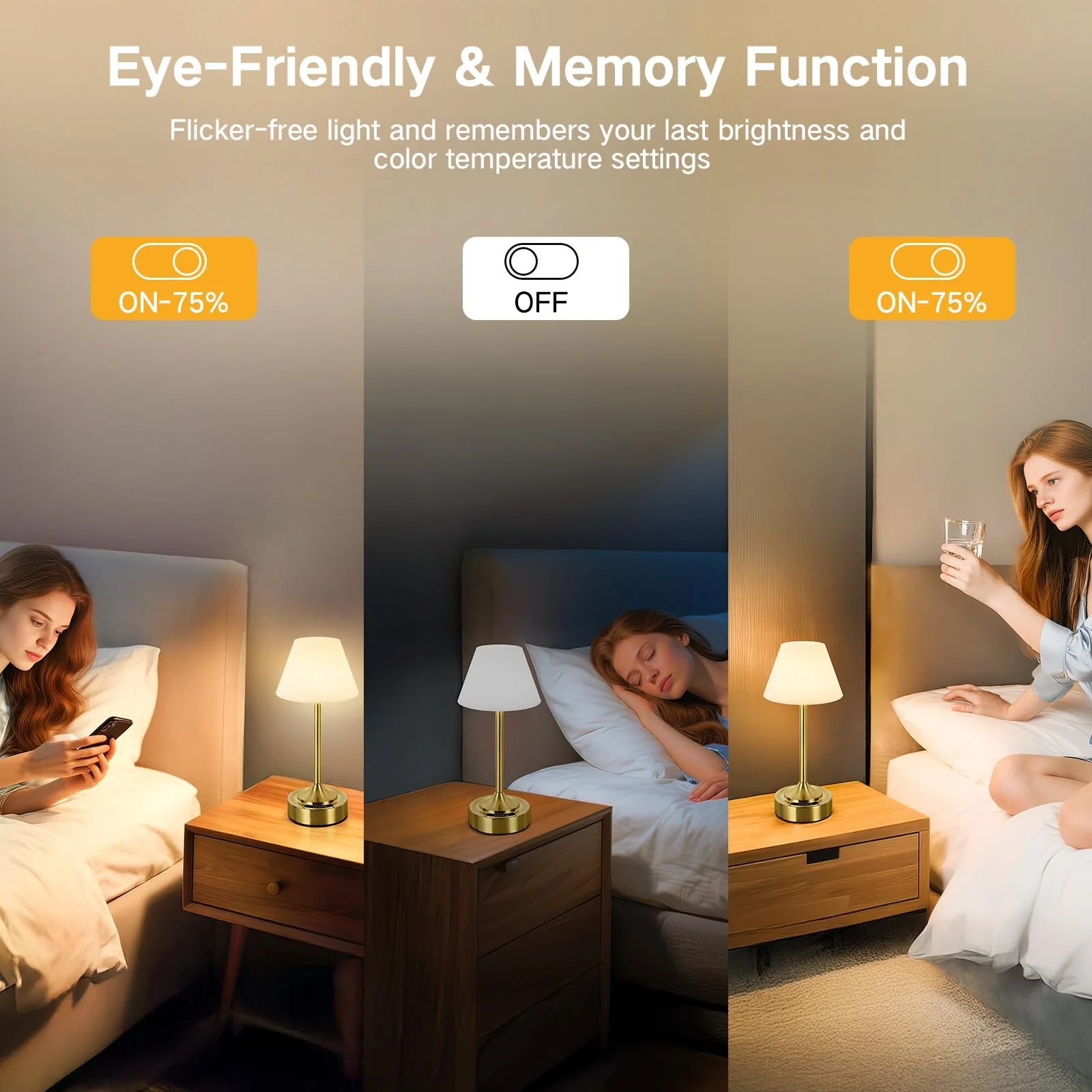 Настільні лампи OUTON Комплект 2 шт LED Бездротові 4000 мАг USB-C 3 колірні температури Сенсорні IP54 (Золотисті), фото №6