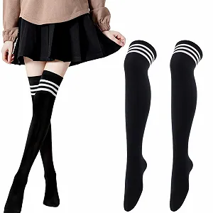 Женские чулки выше колена, гетры, полосатые чулки, женские носки выше колена, повседневные гетры для ежедневного использования, для косплея на Рождество и Хэллоуин, черный - Фото 1