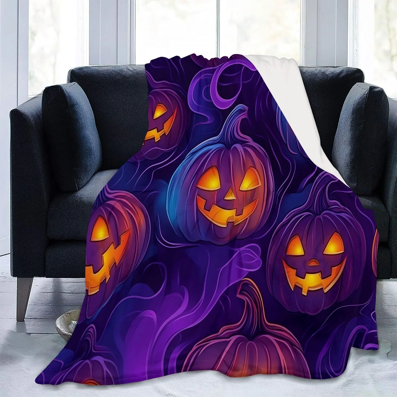 Плюшева м'яка Покривало з ретро-принтом гарбуза з високоякісного фланелевого матеріалу, лілово-помаранчева, 150 x 200 см, фото №2