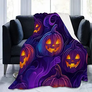 Плюшева м'яка Покривало з ретро-принтом гарбуза з високоякісного фланелевого матеріалу, лілово-помаранчева, 150 x 200 см synthetic.ua - Фото 1