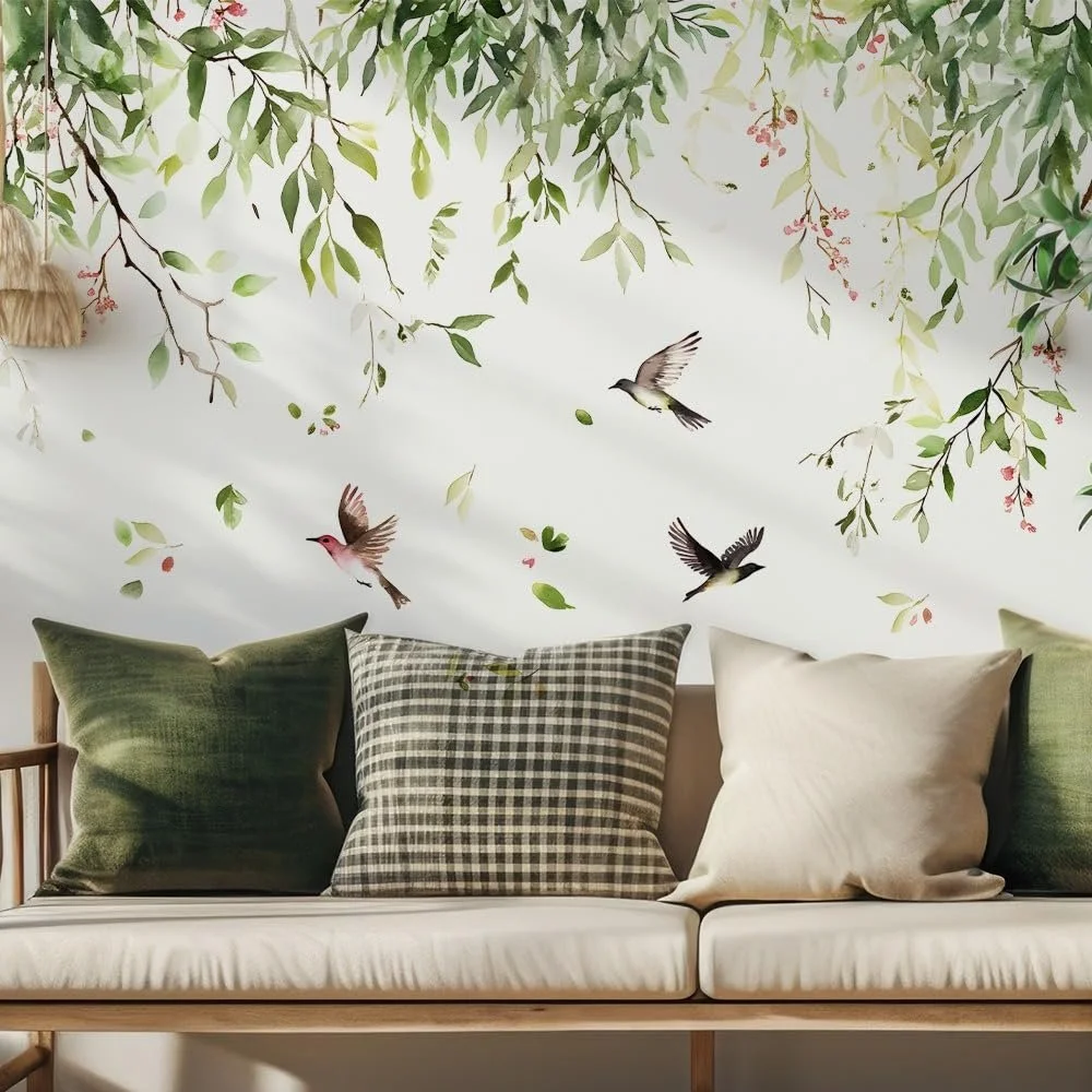 Наклейка на стену Зеленые ветки с птицами и листьями 57 x 38 см Природный дизайн Зеленый, фото №3