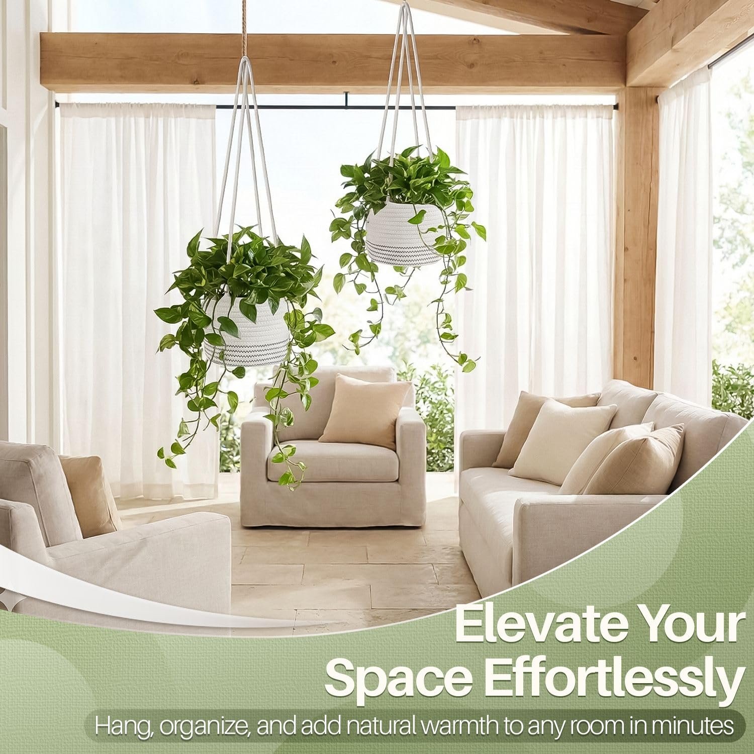 Підвісний кошик макраме Flexzion Бавовняна мотузка 50,8 см до 17,8 см Бежевий, фото №2