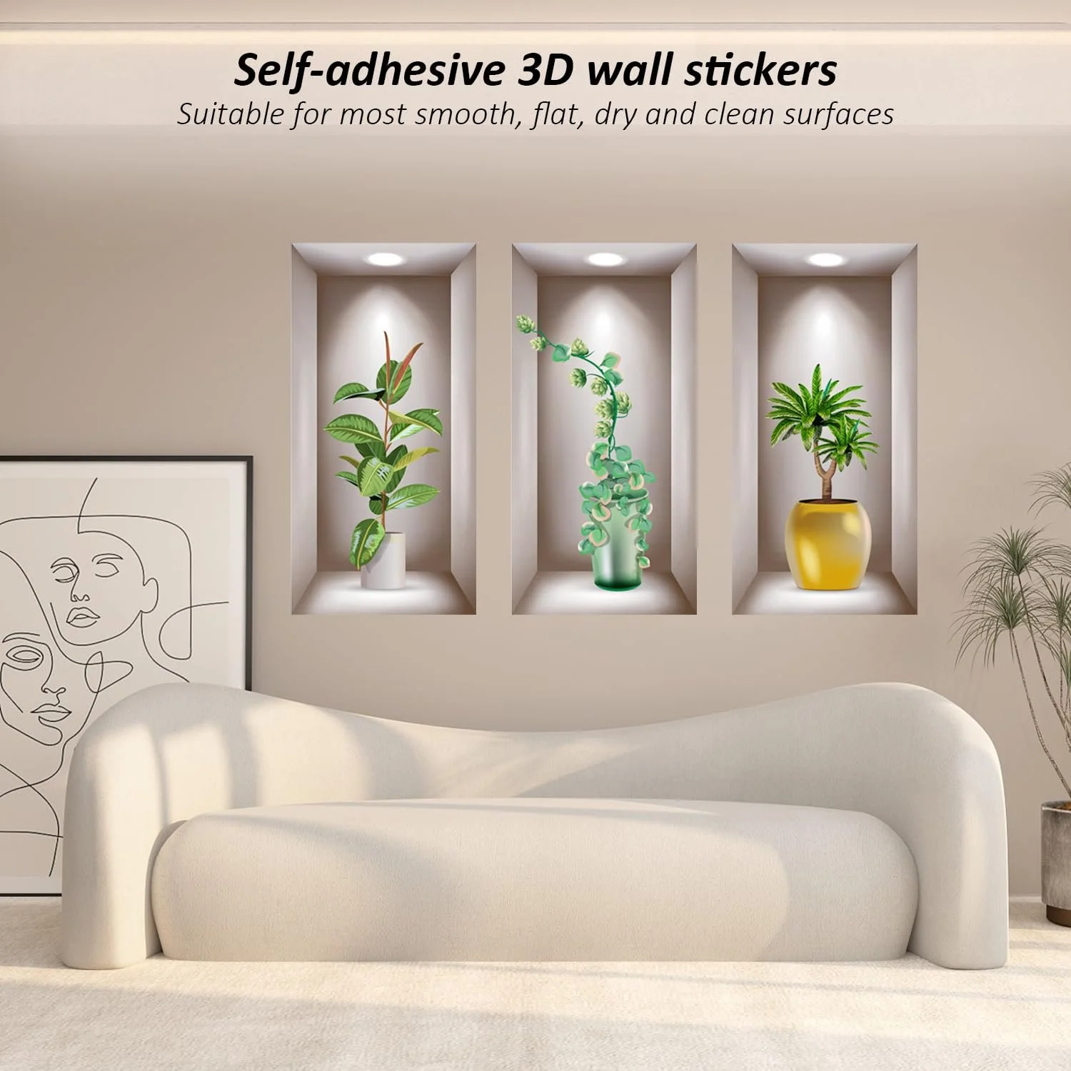 Наклейки на стіну 3D Рослини в горщиках 3 штуки зі скребком 20 x 40 см, фото №4