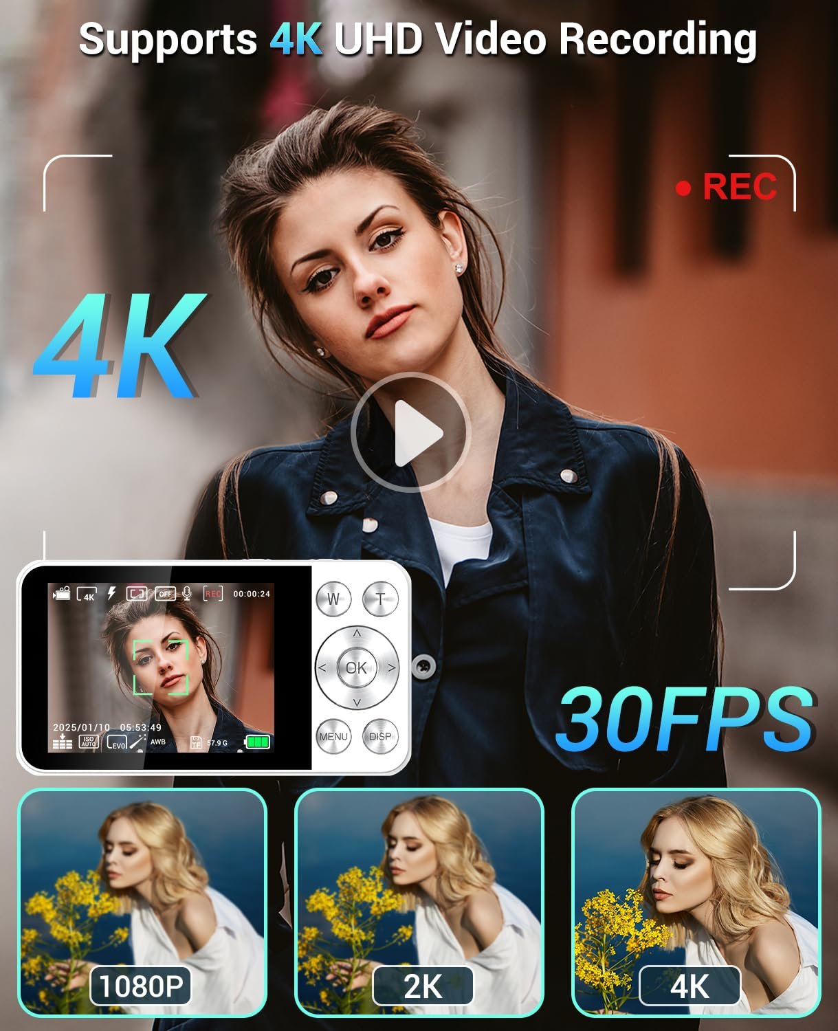 Цифровой фотоаппарат Wevoor 4K 64GB, 64 Мп Автофокус, экран 2.8 дюйма, 18X цифровой зум, мини камера 2000 mAh, черный, фото №3