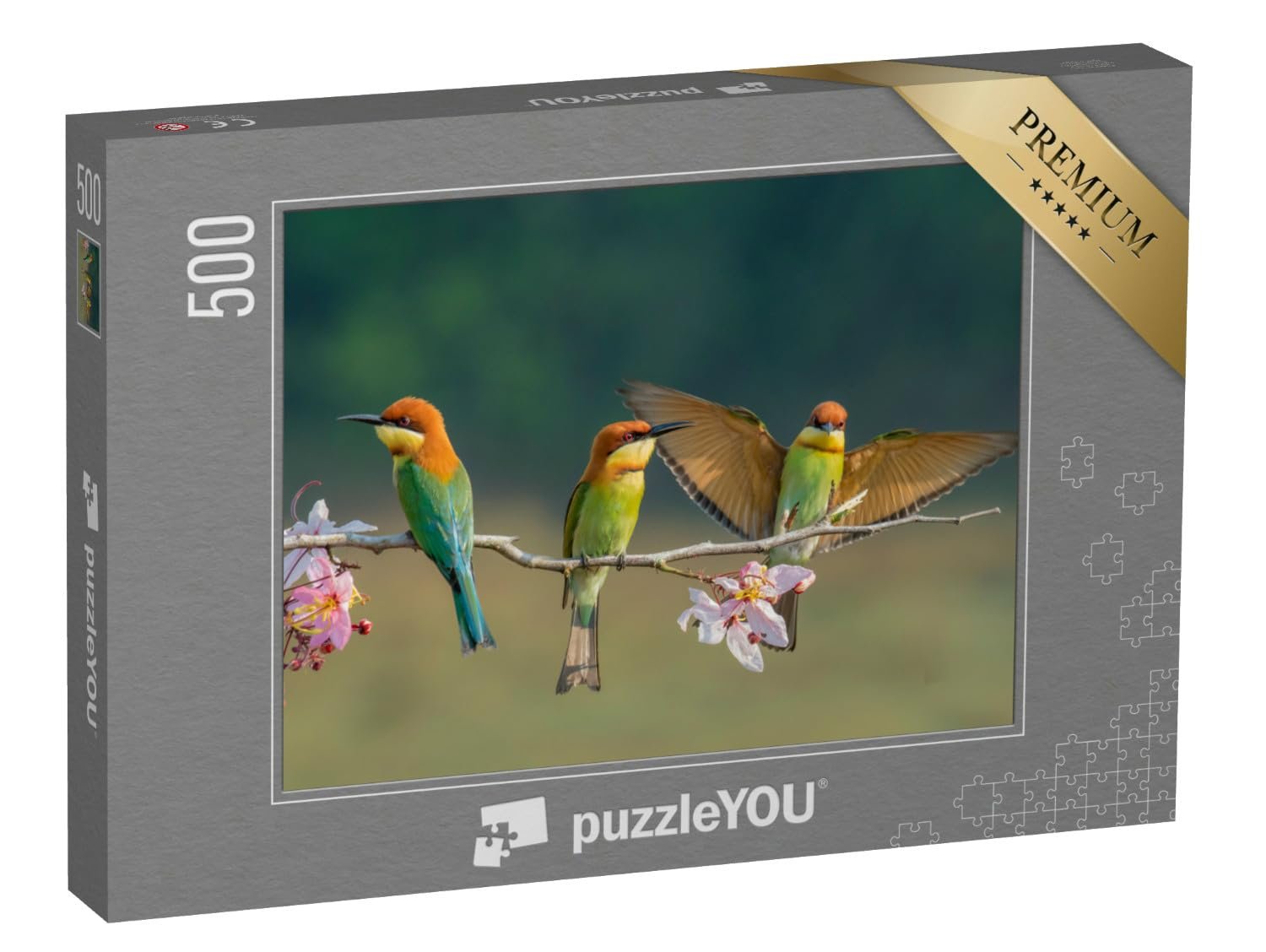 Пазл puzzleYOU Birds Puzzle Collection Три каштановоголовые щурки на ветке с розовыми цветами 500 деталей, фото №1