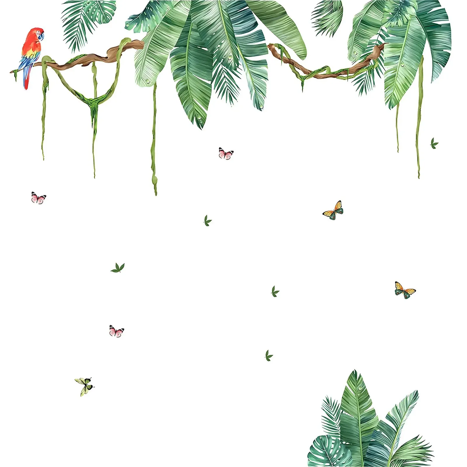 Наклейка на стену duoyif Tropical Leaves Plants Hanging Vine Green Palm Trees Leaves Birds Зеленая, фото №1