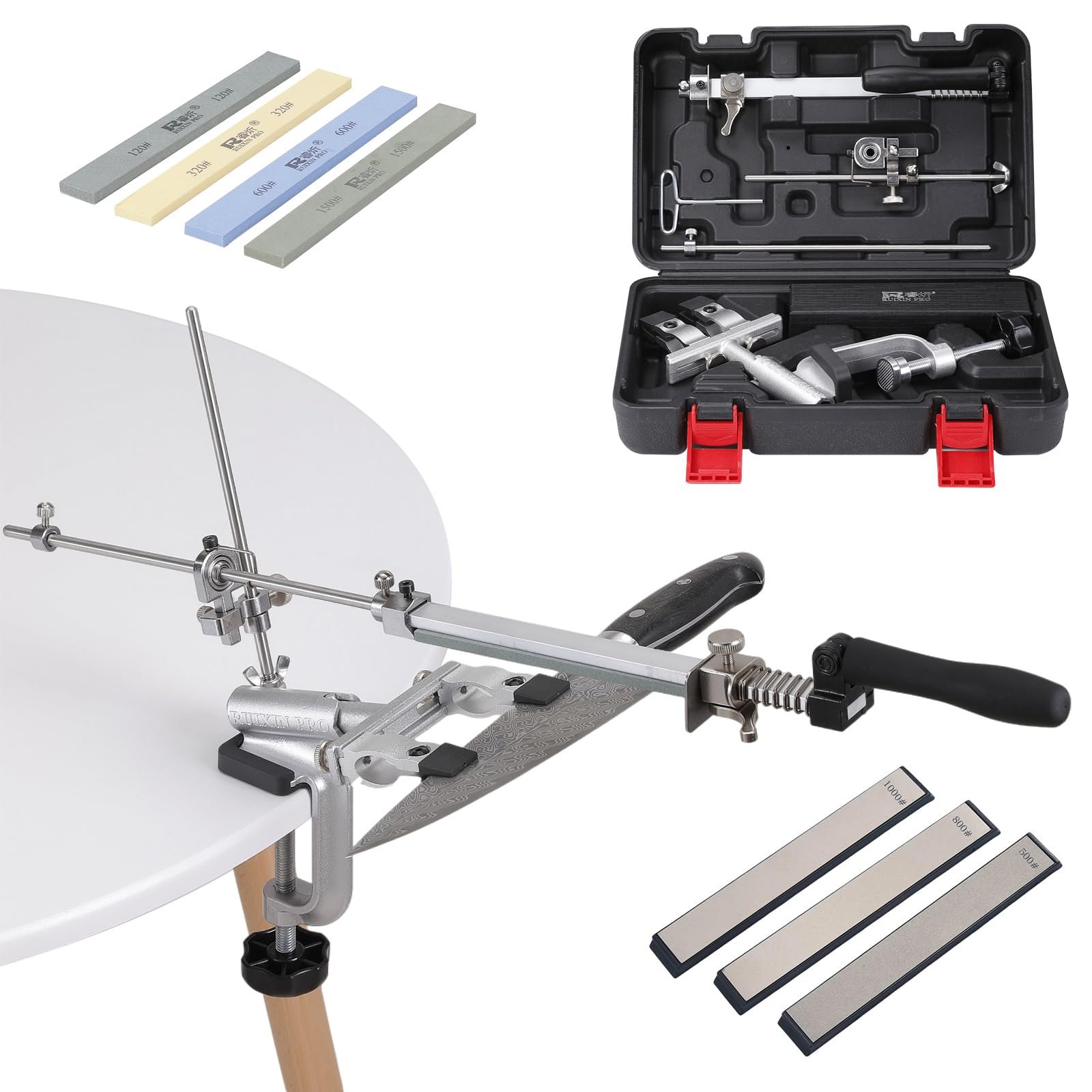 Професійна Точило для ножів RX-009 система заточування нержавіюча сталь поворот на 360° з набором із 4 каменів Silver, фото №1 Професійна Точило для ножів RX-009 система заточування нержавіюча сталь поворот на 360° з набором із 4 каменів Silver, фото №1