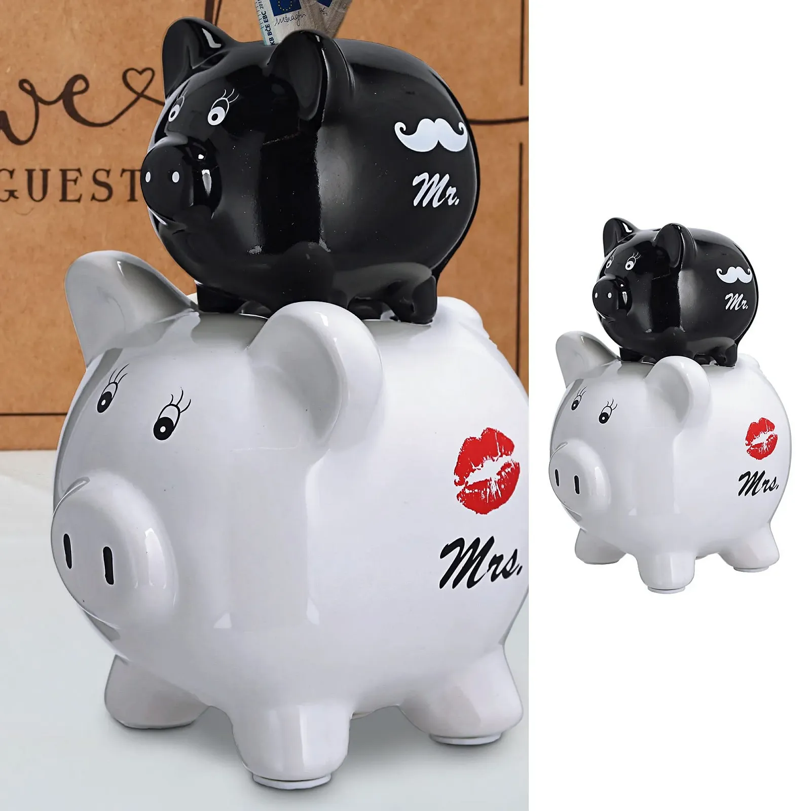 Скарбничка Mr & Mrs Stoneware 14 x 20 x 12 см чорно-біла подвійна свиня, фото №1