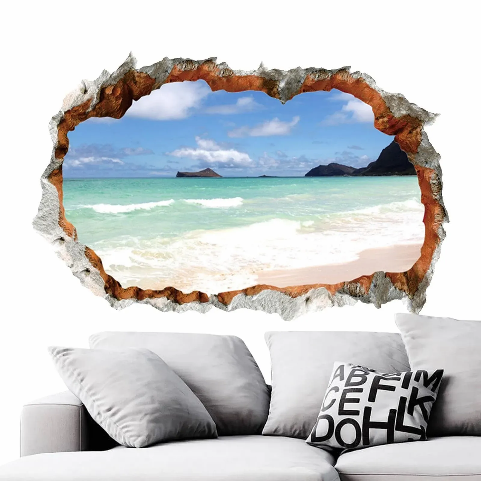 Наклейка на стіну Пляжна сцена 3D ефект розбитої стіни для спальні, фото №6