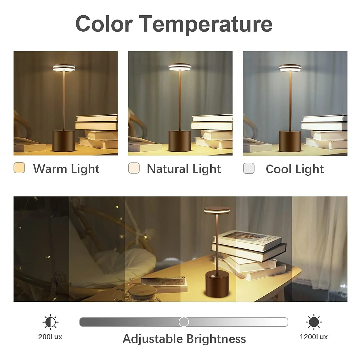 Настільна лампа LED Wireless Battery 5000 mAh Rechargeable Dimmable 3 Colour Temperatures USB Touch Brown, фото №4