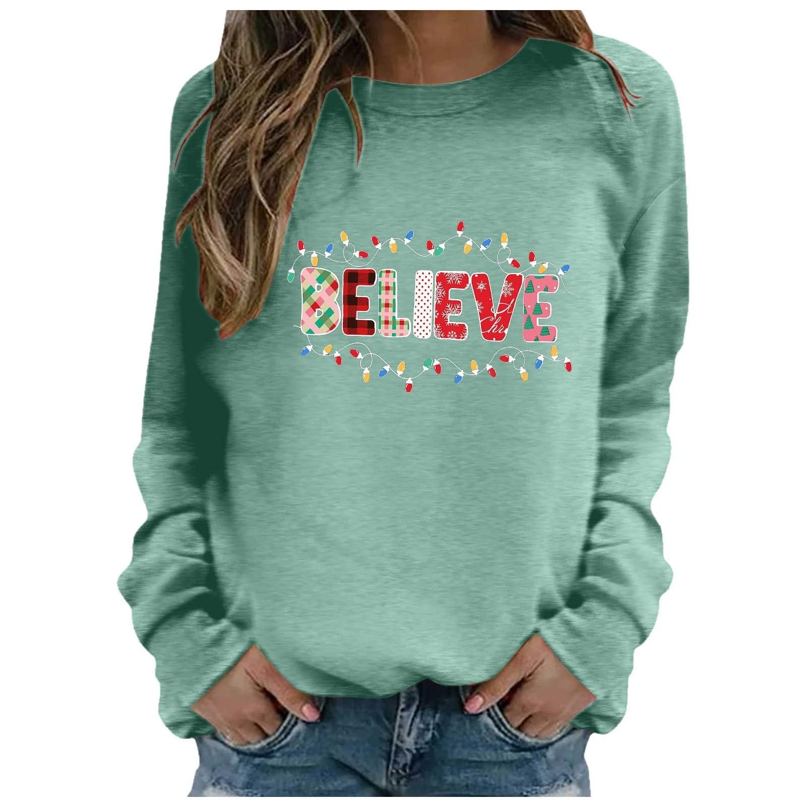 Женский Рождественский Свитер Легкий - Рождественский Свитер Женский Рождественский Свитшот без Капюшона Лонгслив Пуловер Лонгслив Рождественский Верх Круглый вырез Рождественская Рубашка Топы Женщины Девушки-подростки, фото №1