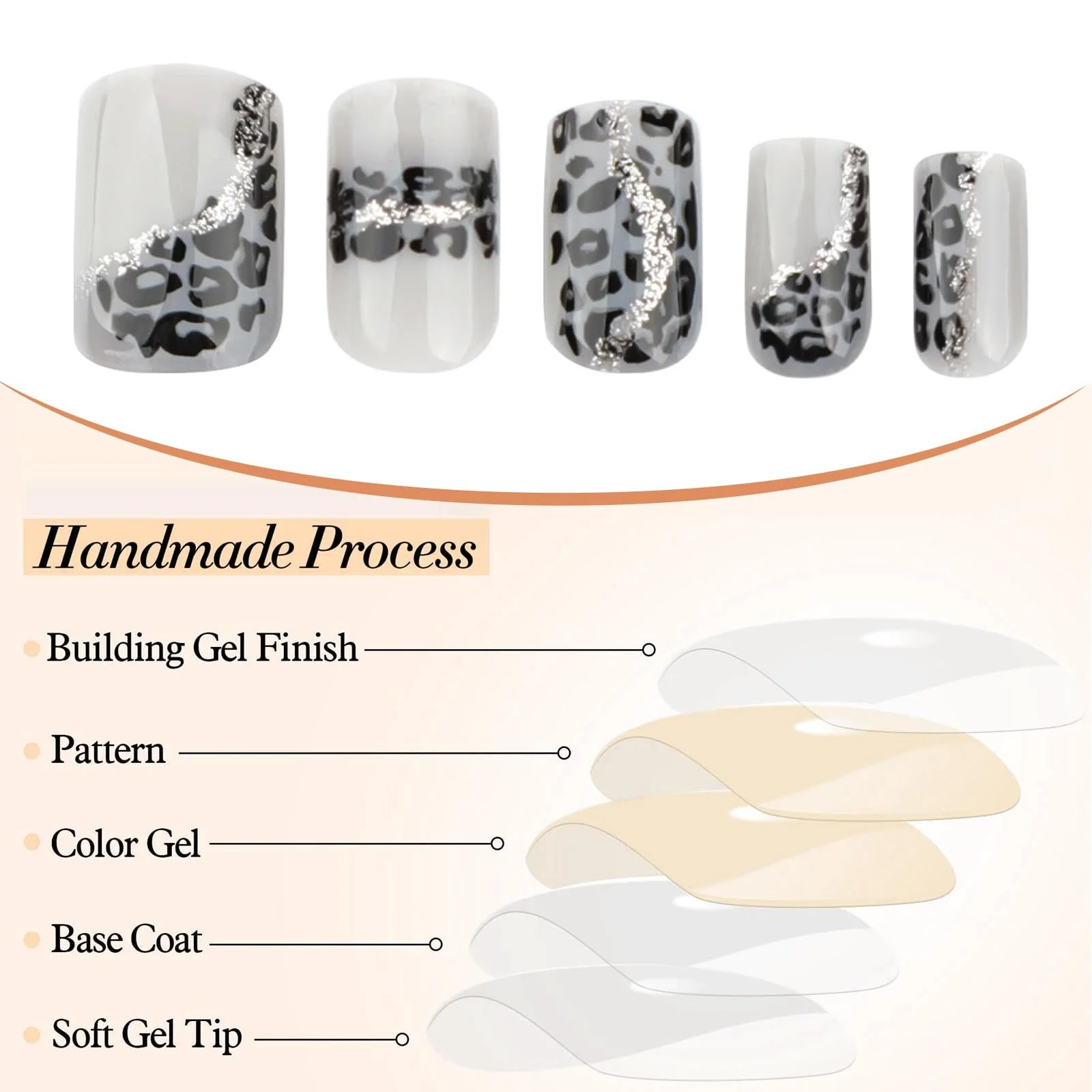Накладні нігті GlamRays Short Square Black Leopard Shiny Smooth Adhesive Full Perimeter Acrylic, 24 шт. Black Leopard, фото №5