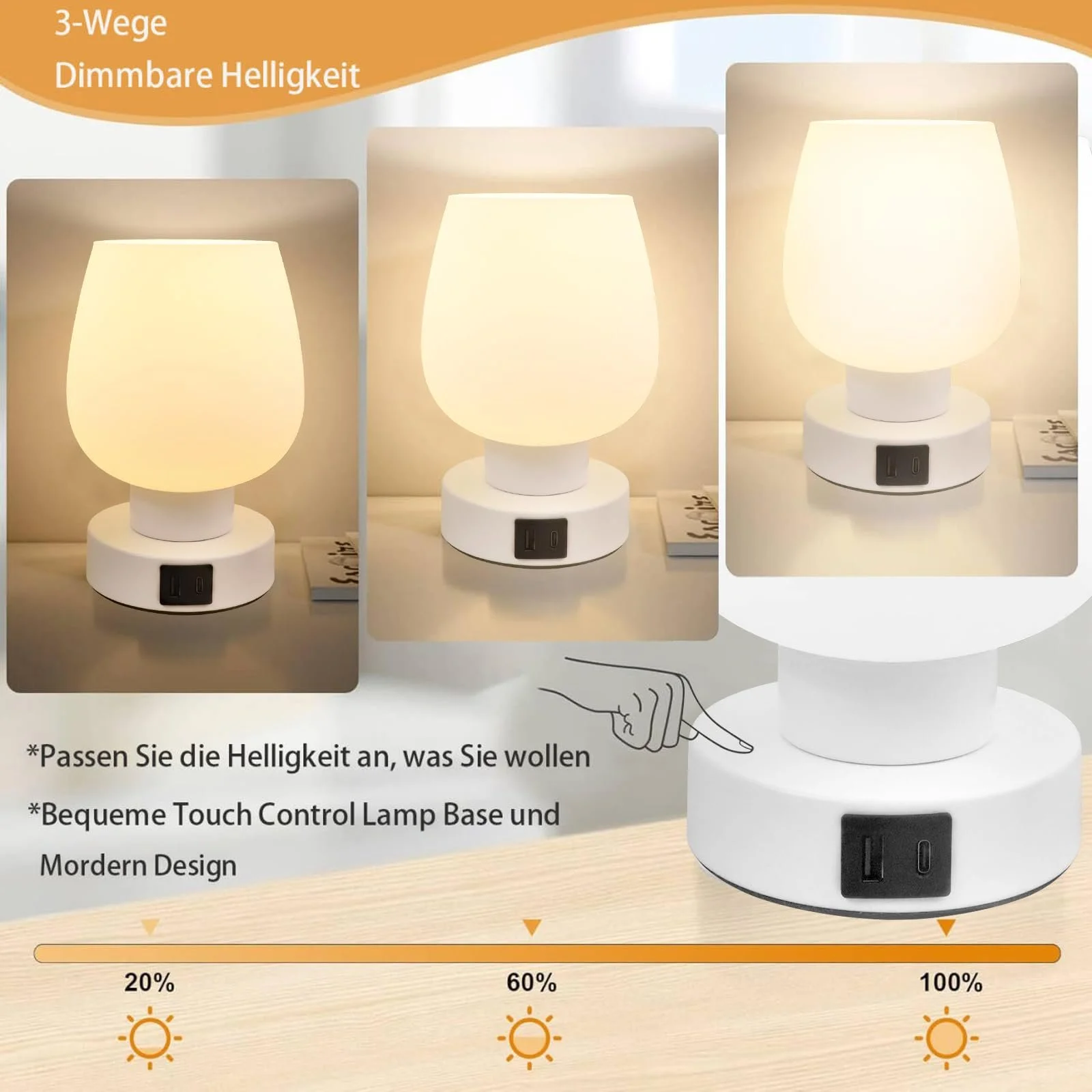 Настільна лампа приліжкова світлодіодна сенсорна з регулюванням яскравості біле опалове скло, фото №3