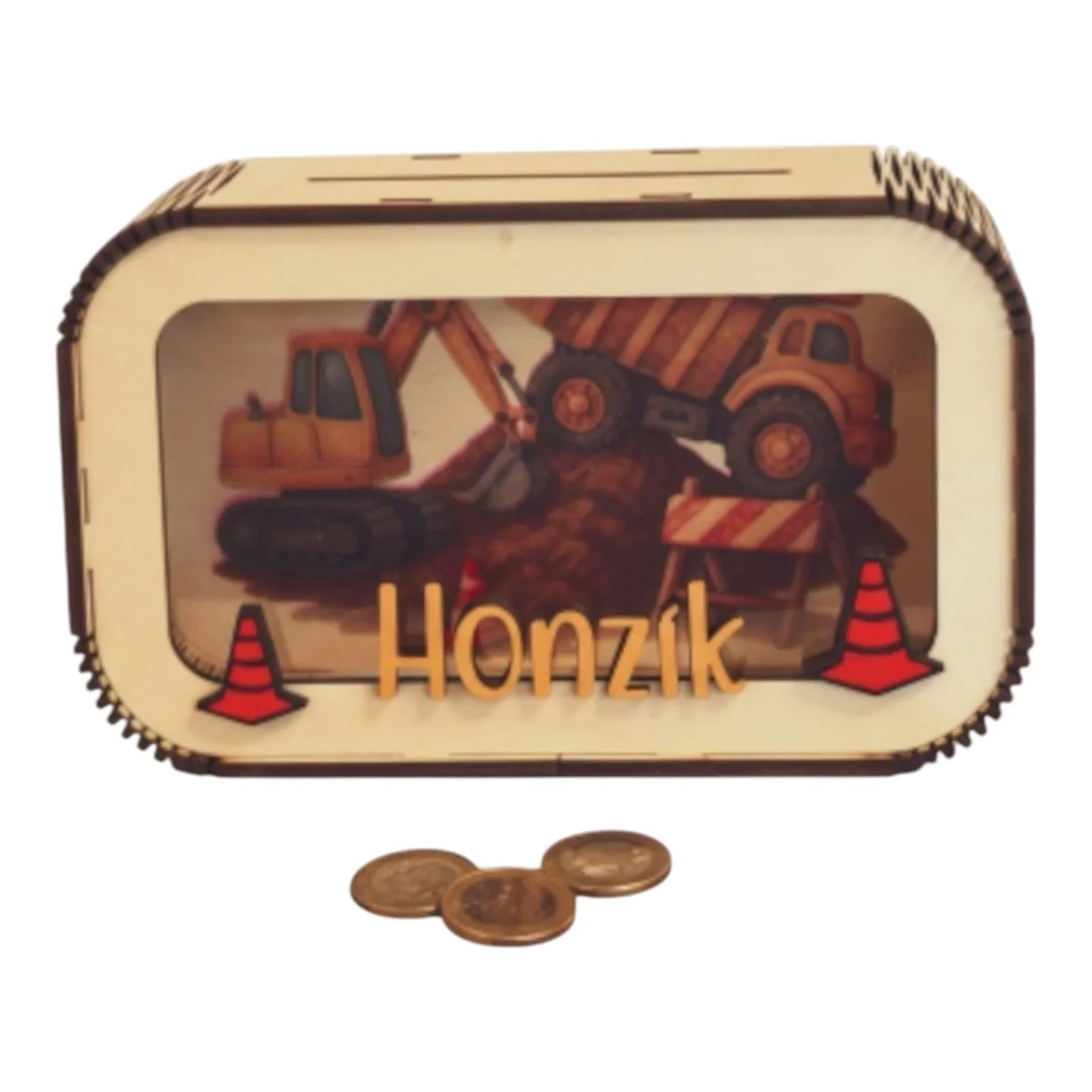 Скарбничка Lilubi з дерева з мотивом екскаватора персоналізована, фото №1