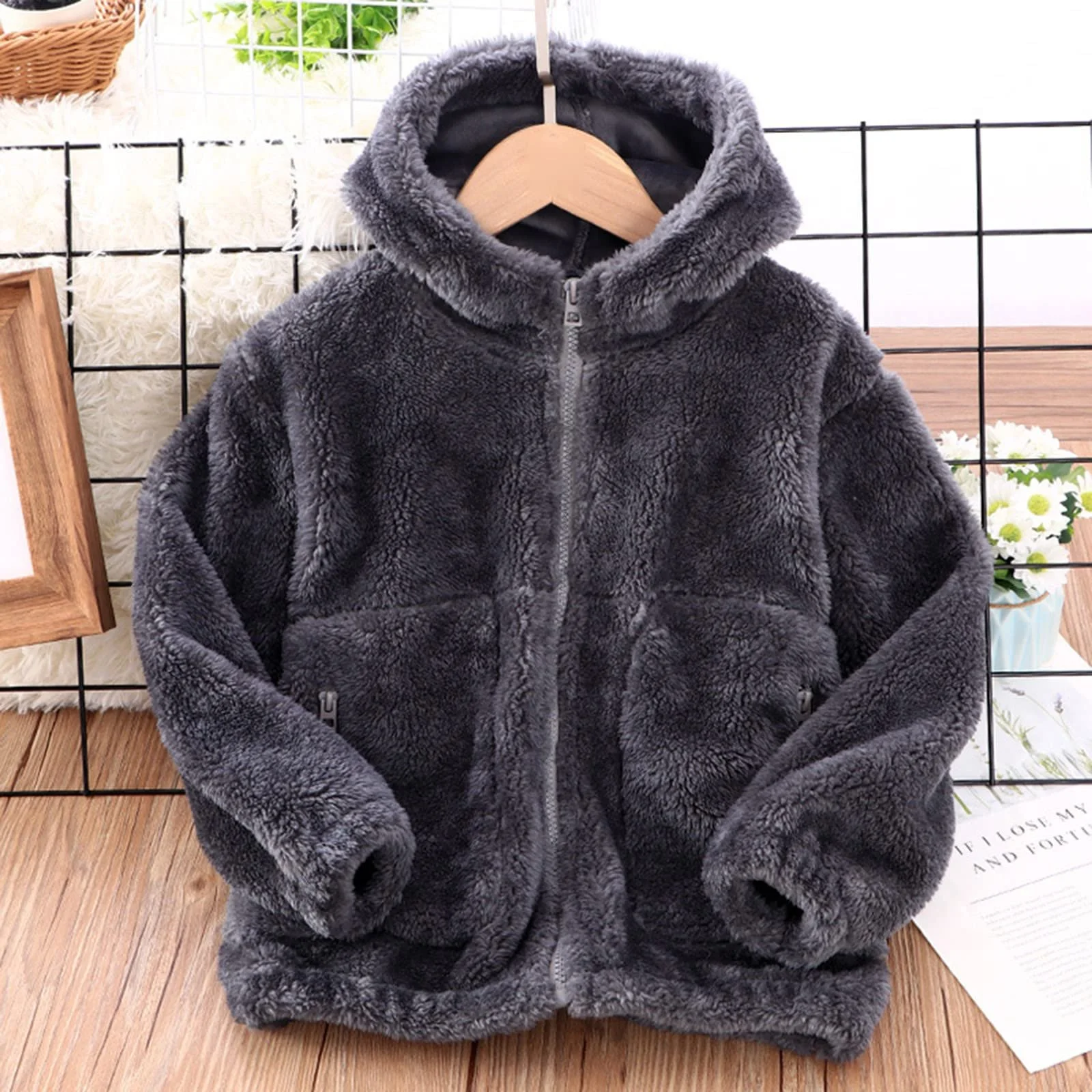 Куртка UnoSheng Зимова для хлопчиків, флісова, однотонна, на блискавці, з капюшоном, фото №3