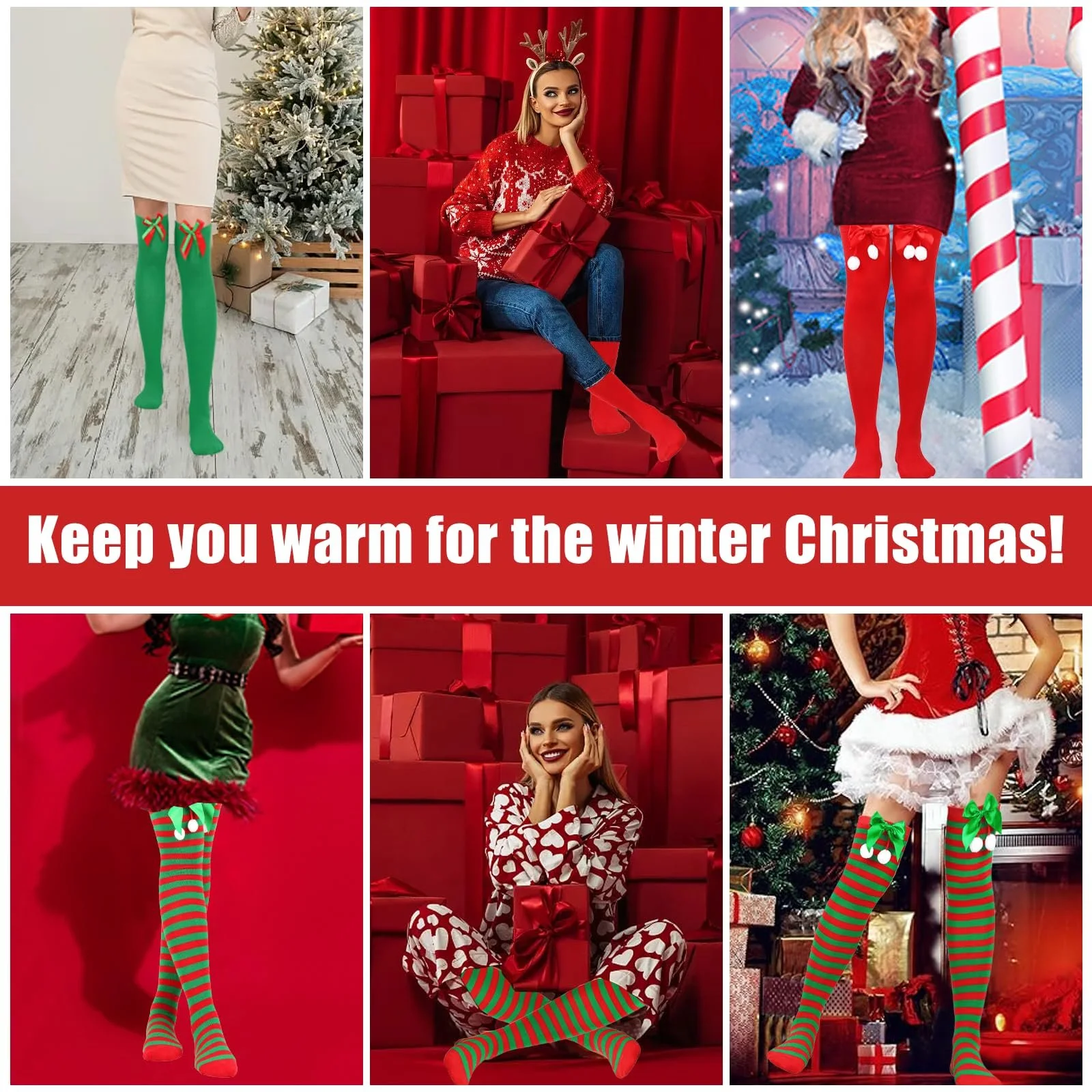 Жіночі гольфи Різдвяні в смужку (3 пари) для косплею, червоні, фото №5